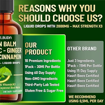 10in1 Lemon Balm Liquid Drops Blend Includes Lemon Balm, Ginger, Turmeric, Ceylon Cinnamon, Black Pepper, Cayenne Pepper, Berberine - Support Digestion, Mood - 1 FL Oz - 2 Month Supply