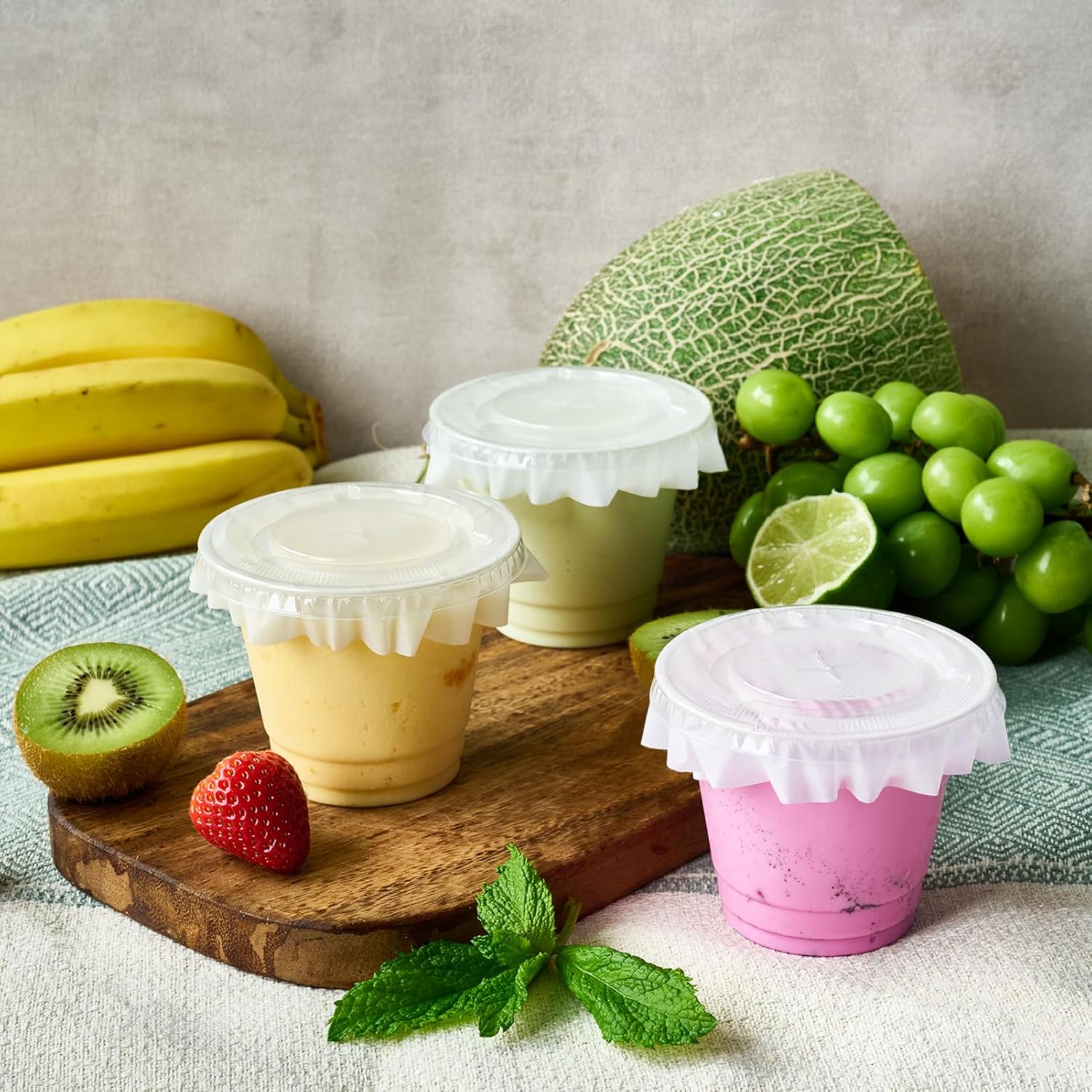 JOLLY CHEF 200 Sets 9 oz Clear Plastic Cups with Flat Lids, and Paper Lid Liners, 9 Ounce Plastic Cups with Flat Lids for Parfait, Snacks, Fruit, Pudding