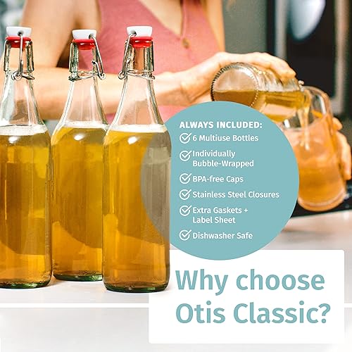 Vista 6 de Otis Classic Swing Top Glass Bottles - Set of 6, 16oz w/Marker & Labels - Clear Bottle with Caps for Juice, Water, Kombucha, Wine, Beer Brewing