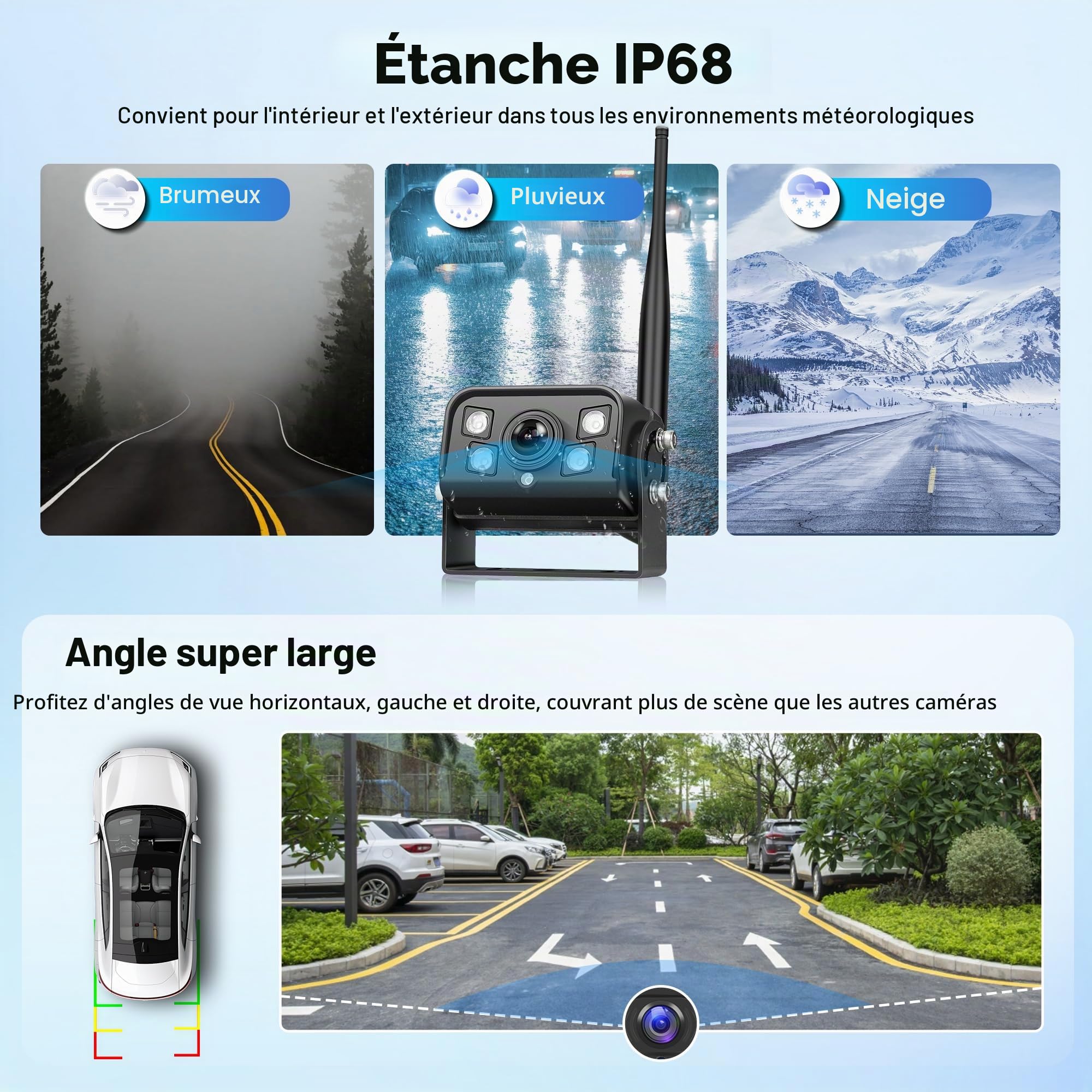 Caméra de Recul Numérique sans Fil, 2 Caméras avec Moniteur IPS 9 Pouces, Caméra de Recul étanche IP68 BSD Vision Nocturne Retournement d'image Vidéo en Boucle pour Camion/Remorque/Camping-Car/Bus