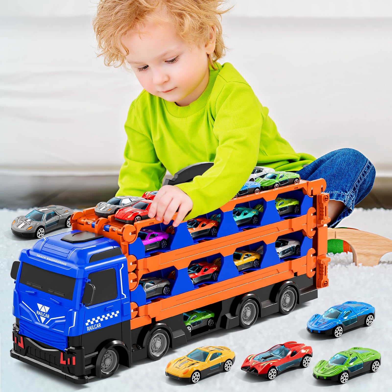 Transport Truck with 24pcs Die-Cast Cars Toys, Cars Toddler Toys Gifts for 2 3 4 5 6 7 Years Old Boys Girls