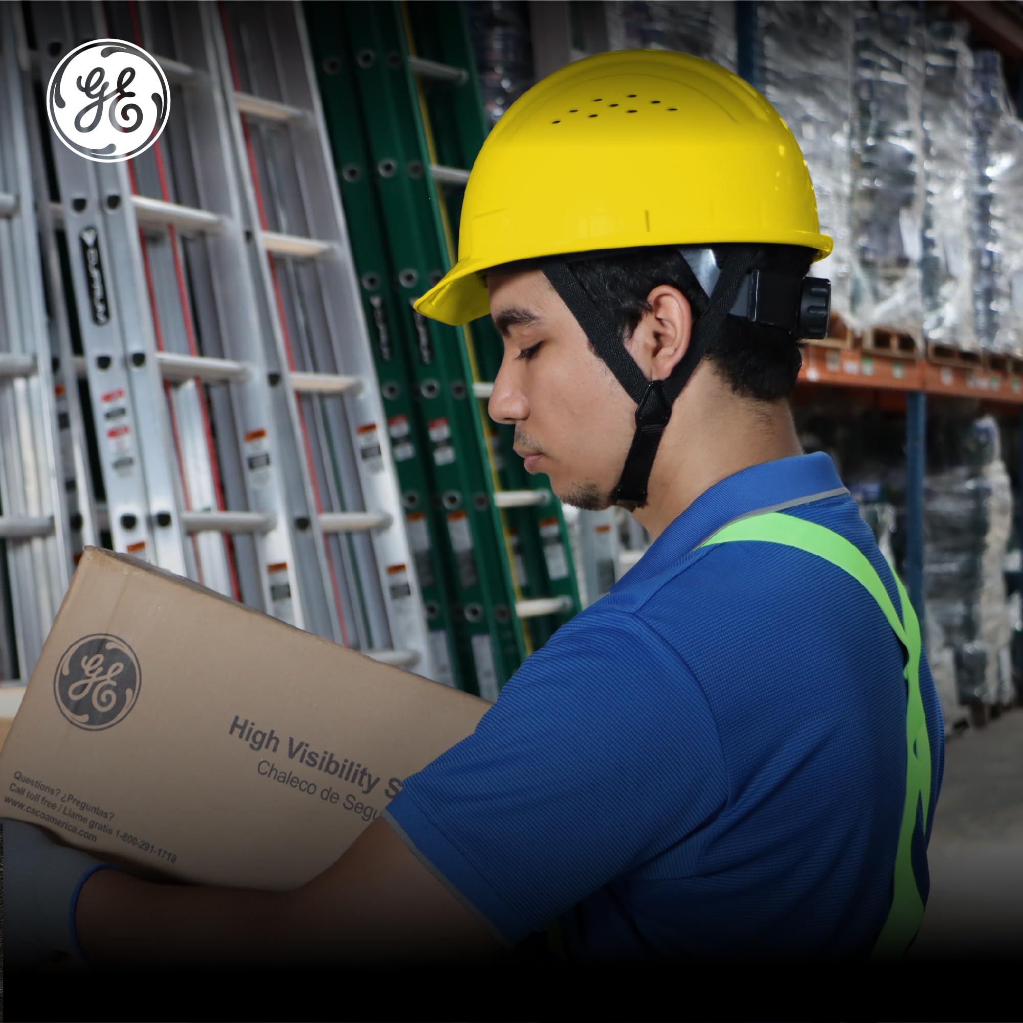 GE Casco duro, estilo de gorra ventilada, clase C, amarillo, banda acolchada que absorbe el sudor, sistema de suspensión de trinquete de 4 puntos, ranuras para orejeras, alta resistencia a los