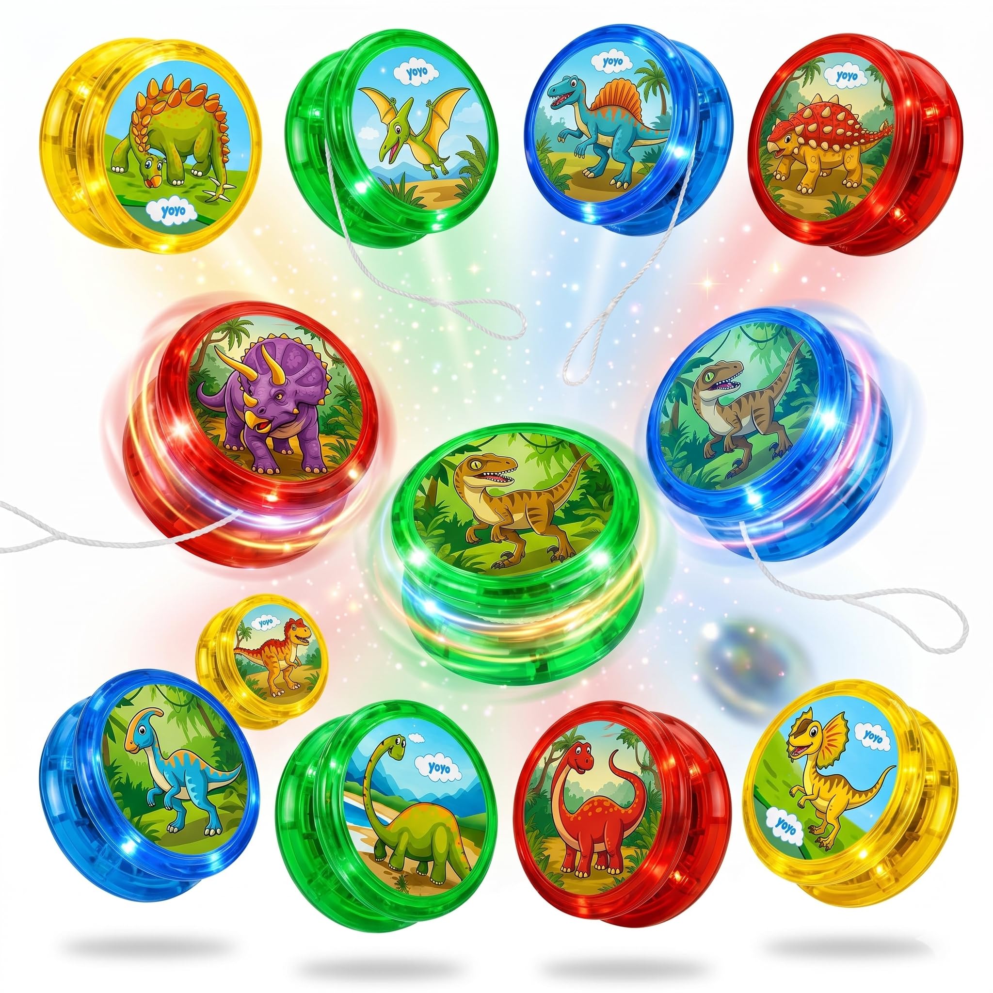12 Pack Light Up Dinosaur Yoyo Automatic Return Yo-Yo for Kids & Beginners – LED Responsive Trick Yoyos with Strong Strings, Flashing Spin Toys, Party Bag Fillers for Boys & Girls — image 1