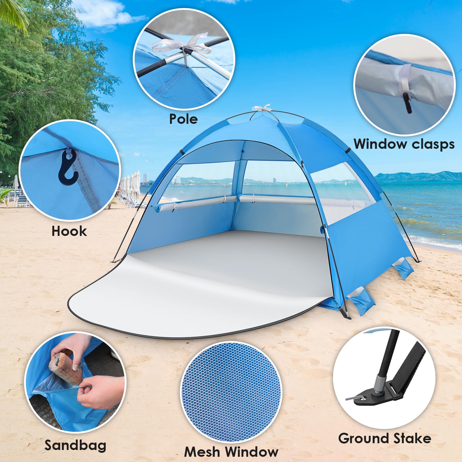 Pop-up namiot plażowy, automatyczny parasol plażowy dla 3-4 osób z ochroną przeciwsłoneczną, lekki i łatwy do przenoszenia przenośny namiot przeciwsłoneczny na wakacje na plaży kemping podróż