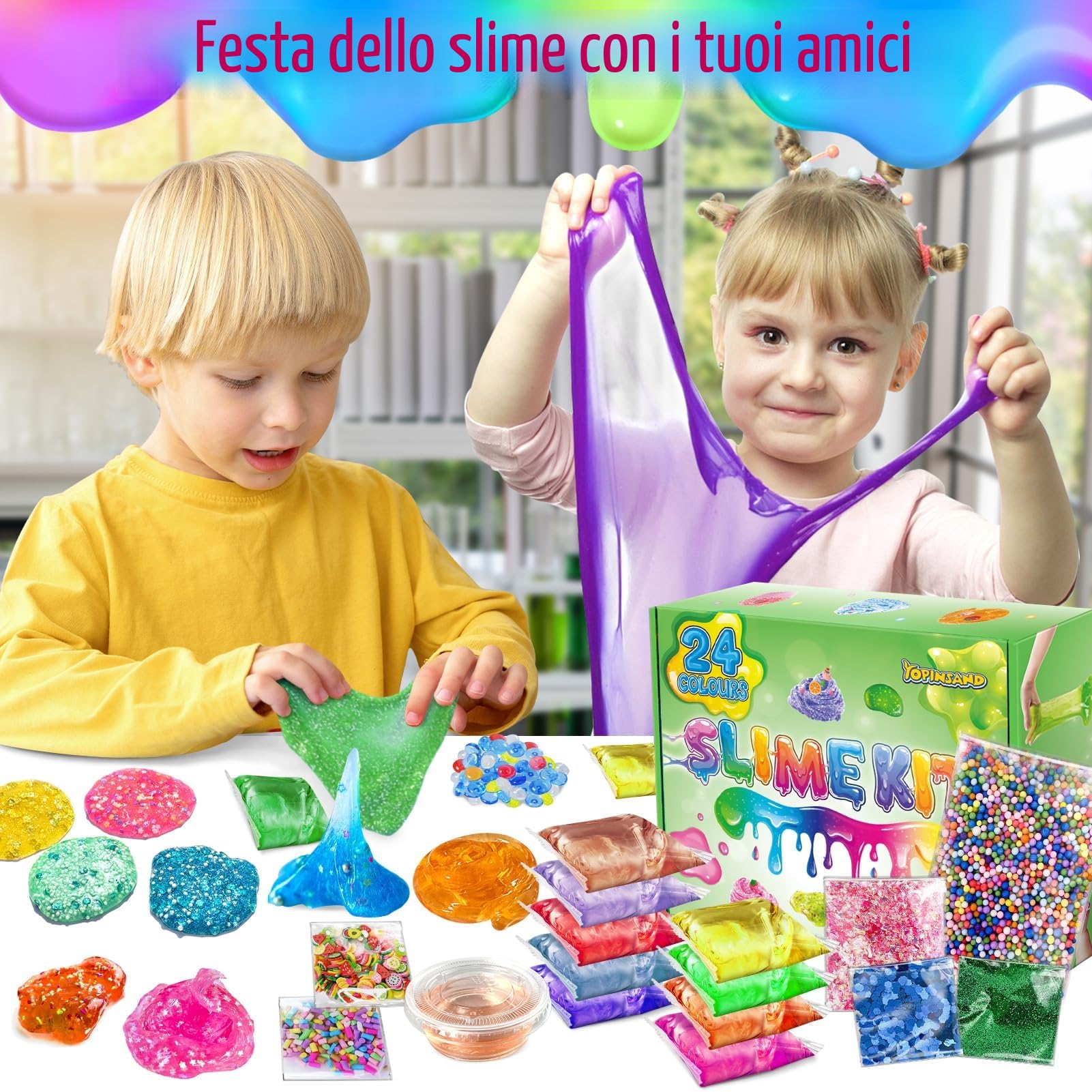 24 Colori DIY Slime Kit Slime Making per Ragazze, Crystal Clear Slime, Glow in The Dark Slime con Sfere di Schiuma Aggiuntive, Charms, Glitter, Giocattolo Regalo per Bambini