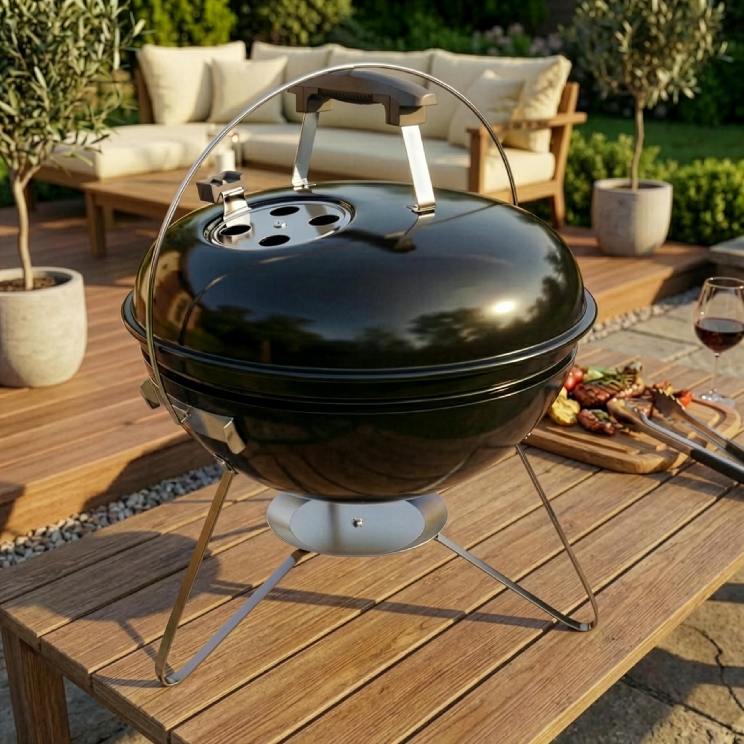Garden Vida Kansas Freestanding 16" BBQ Grill | Black | Chrome Plated | 45.5H x 40.5W x 40.5D cm | Space-Saving & Portable | Grill Meat, Fish & Vegetables at Home, Garden & Camping