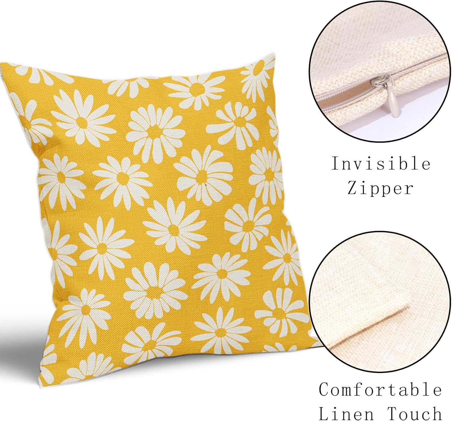 aportt Yellow Pillow Covers 18X18 Inch White Floral Daisy Geometry Decorative Couch Pillow Cases Spring Summer Flower Throw Pillows Set of 2 Farmhouse Home Decor for Room Porch Patio Couch Outdoor - Image 3