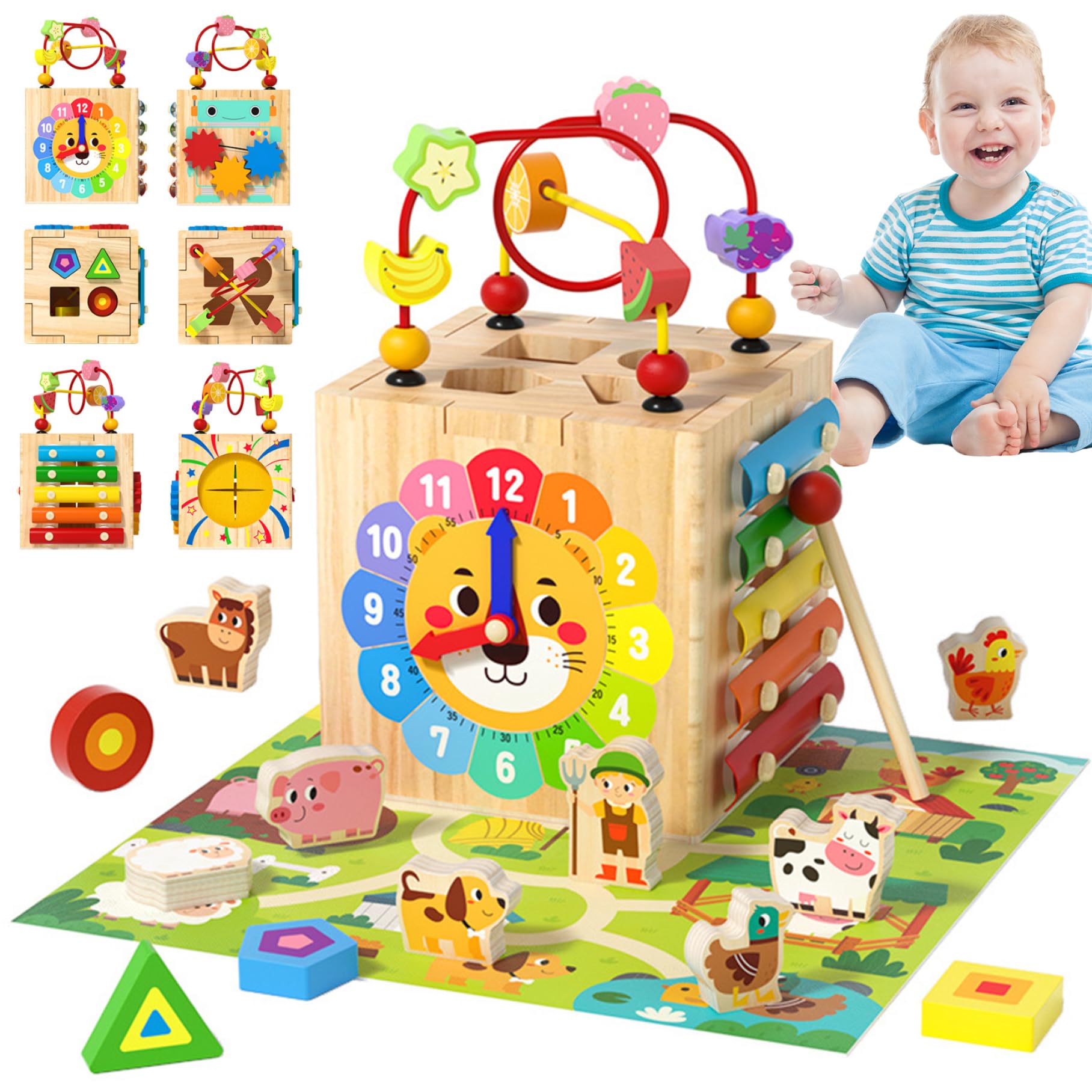 Juguetes de cubo de actividades de madera, 1 juego 6 en 1, cubo de actividades multifuncional para bebés, juguetes sensoriales educativos y de aprendizaje para niños para vacaciones y cumpleaños
