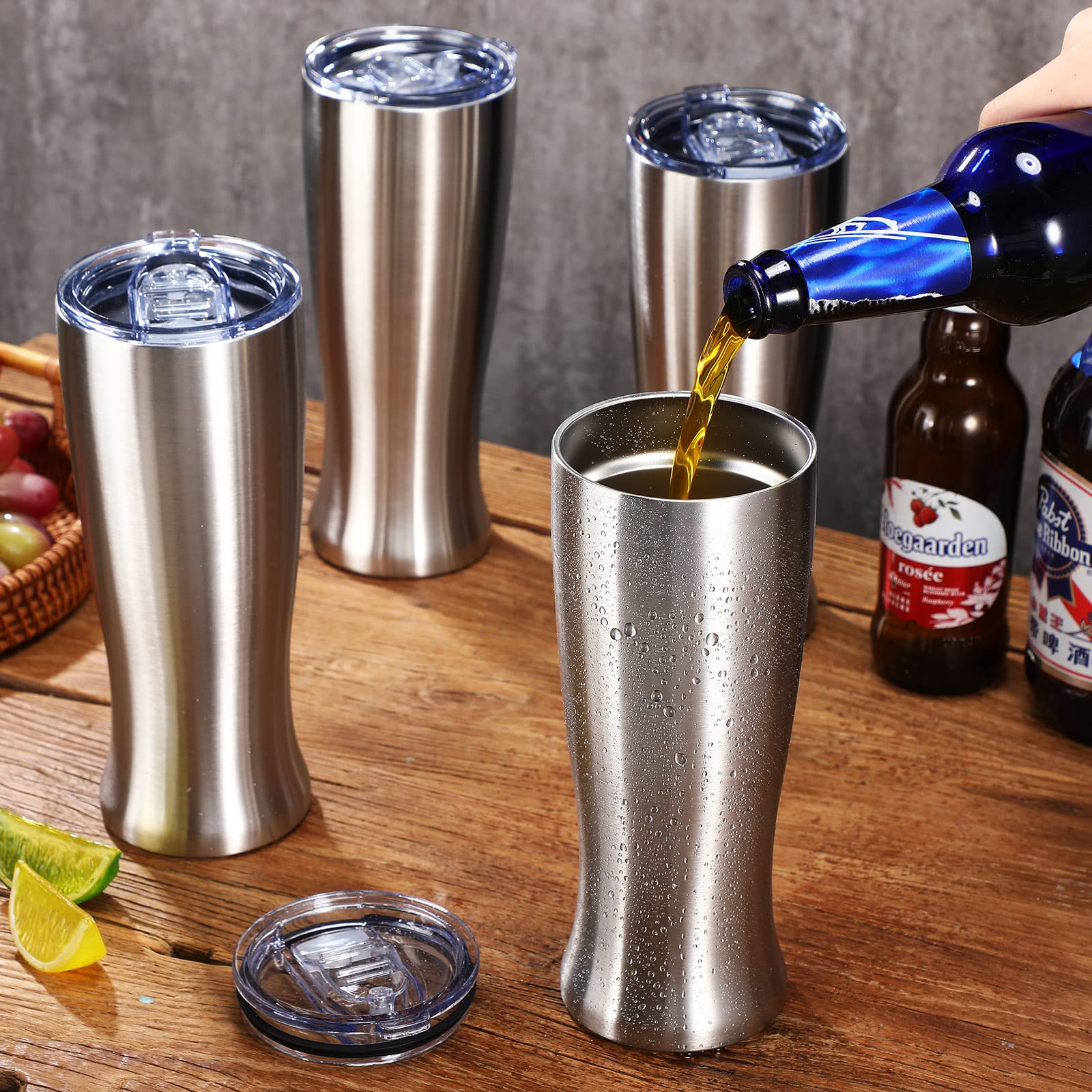 Geetery 4 Bierbecher aus Edelstahl für Herren, doppelwandig, 500 ml, isoliert, vakuumbeschichtet, Vatertagsgeschenk (Silber)