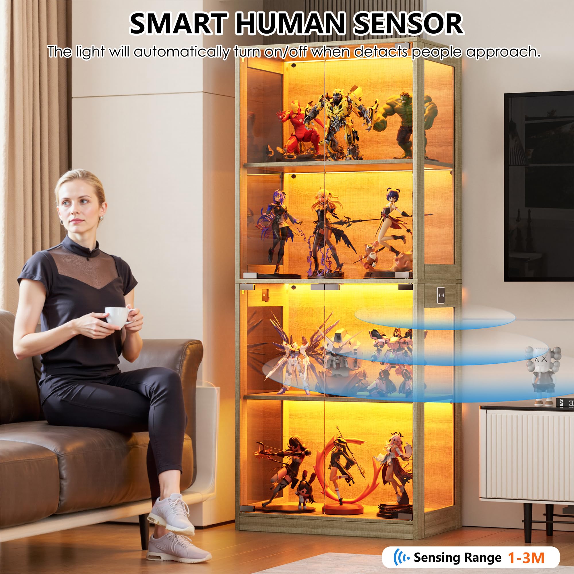 MSFE Vitrina de Cristal con LED,Vitrinas con Sensor Inteligente,4 Capas de Vitrina Expositora para Colecciones,Armario de Almacenamiento de Vidrio,Capacidad de Carga por Capa:15 kg,Color de la Madera