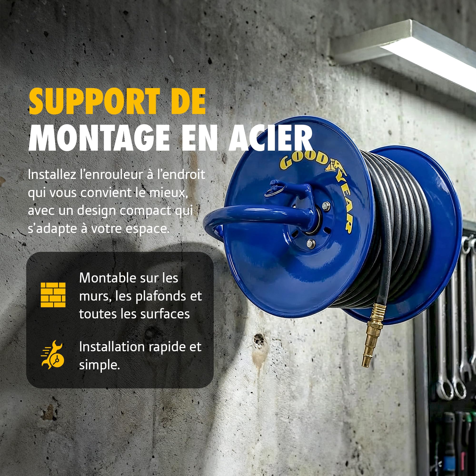 Goodyear Enrouleur de tuyau à manivelle, capacité 9,5 mm x 30 m, 20 bar | Rembobinage manuel; conçu pour garage, atelier et espaces industriels; tuyau non inclus