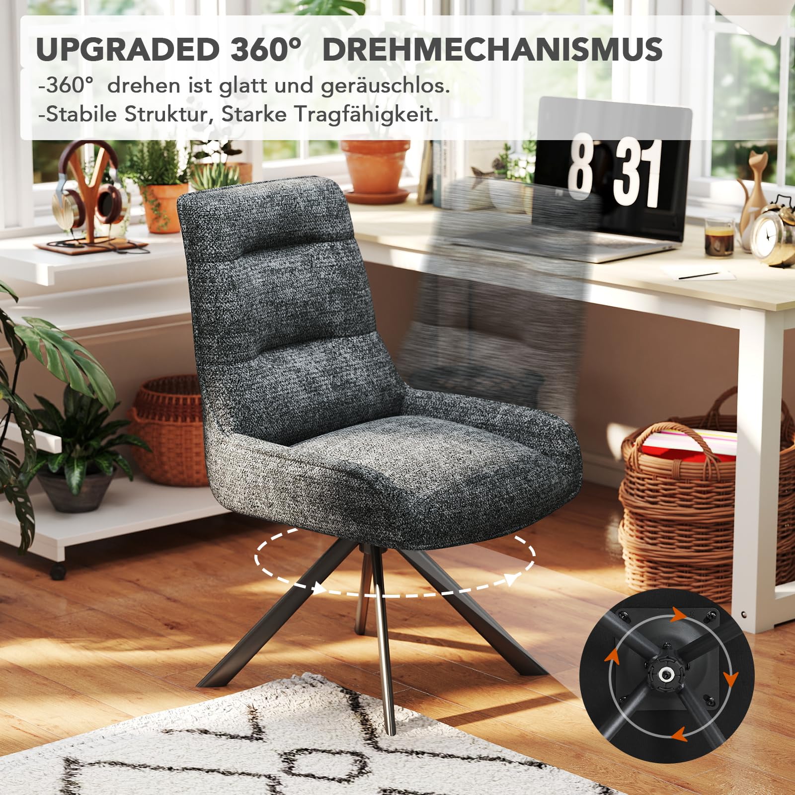 Drehstuhl Esszimmer, 4er Set 360° Drehbar Esszimmerstuhl, Küchenstuhl, Polsterstuhl aus Chenille, Schminkstuhl mit Hoher Rückenlehne und Metallbeine für Esszimmer Küche Büro, Dunkelgrau