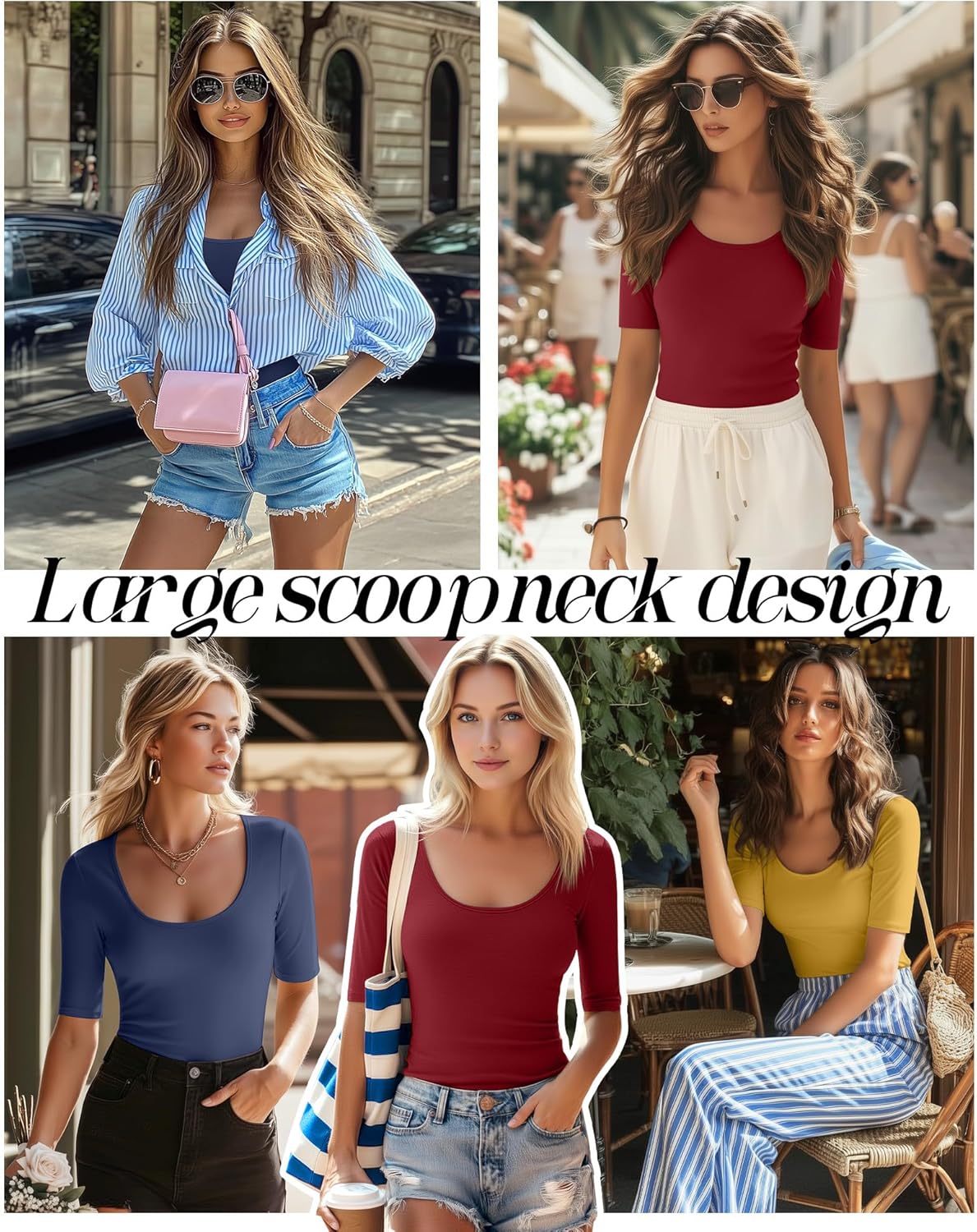 Neer 3 Pack Women's Scoop Neck Tops Half Sleeve Slim Fitted Cotton Blend Stretchy T-Shirts Tight Casual Basic Tees - Image 3