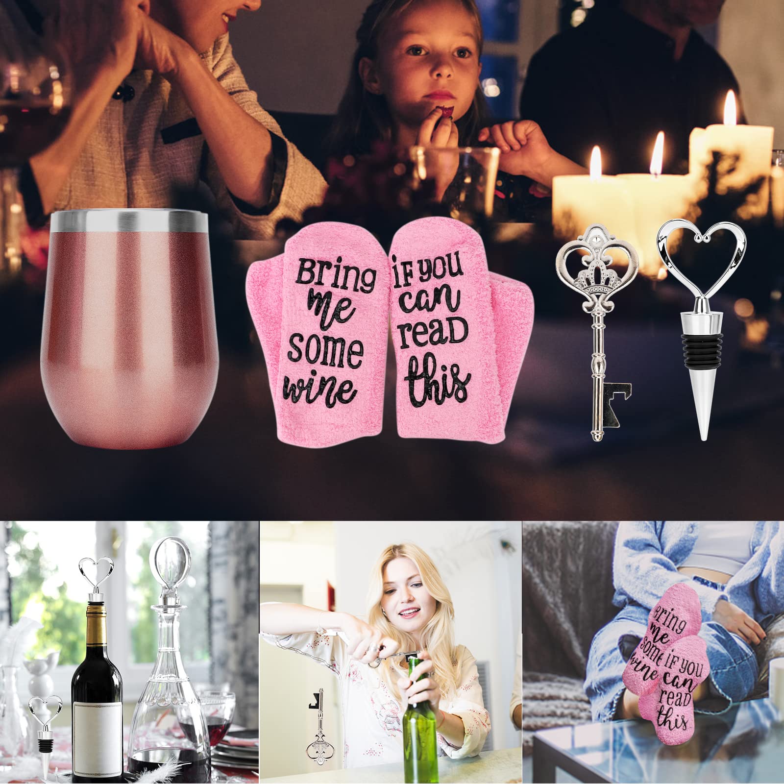 RANJIMA Wein Geschenkset für Freundin,Weinbecher Geschenkset mit Deckel Weinsocken Flaschenöffner Strohhalm,12Oz Weinbecher Kaffeebecher Weintasse für Getränke,Champagner,Cocktail,Geburtstag Geschenke