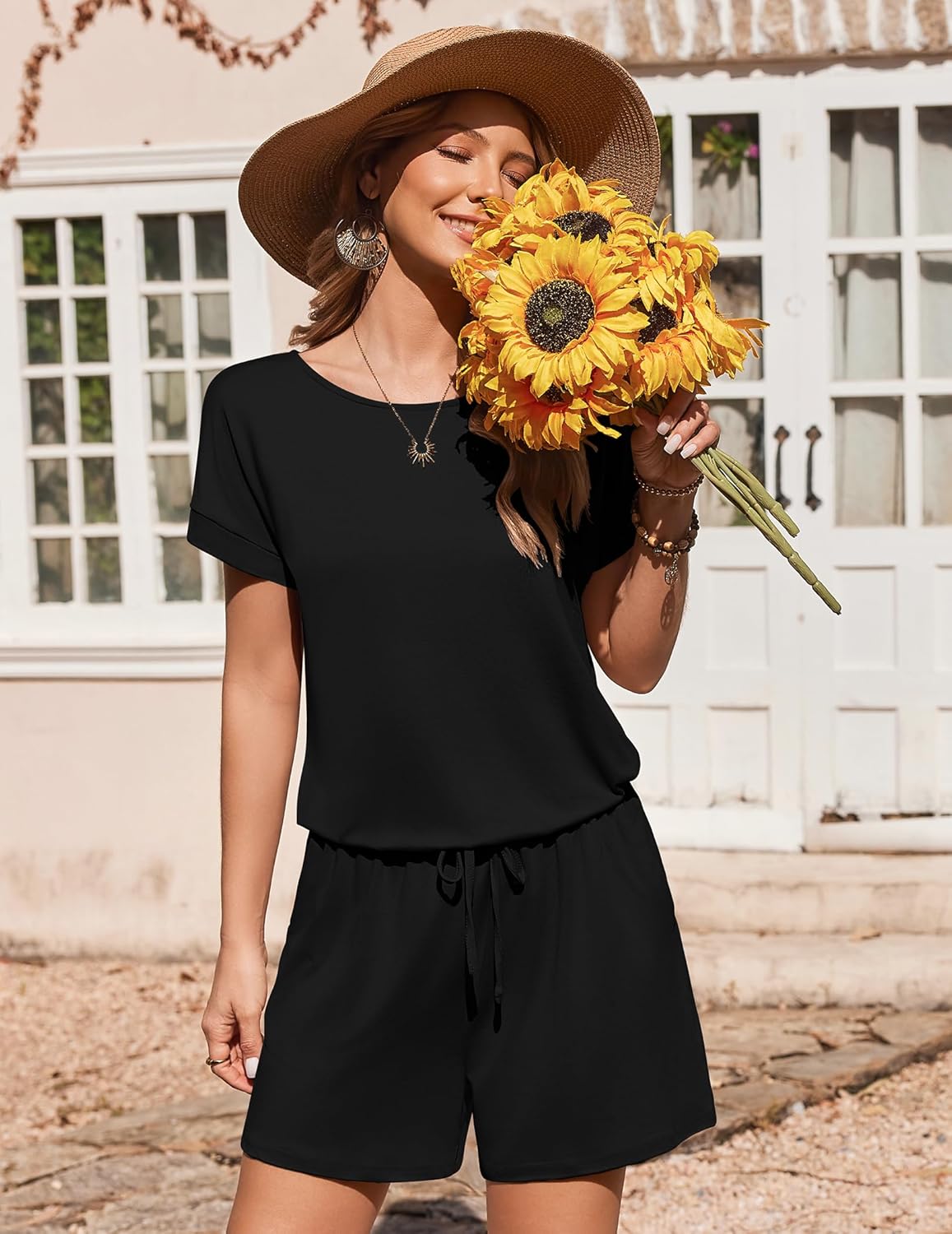 Ekouaer Womens Romper 2026 Summer Casual Short Jumpsuits Beach Vacation Clothes with Pockets - Image 2