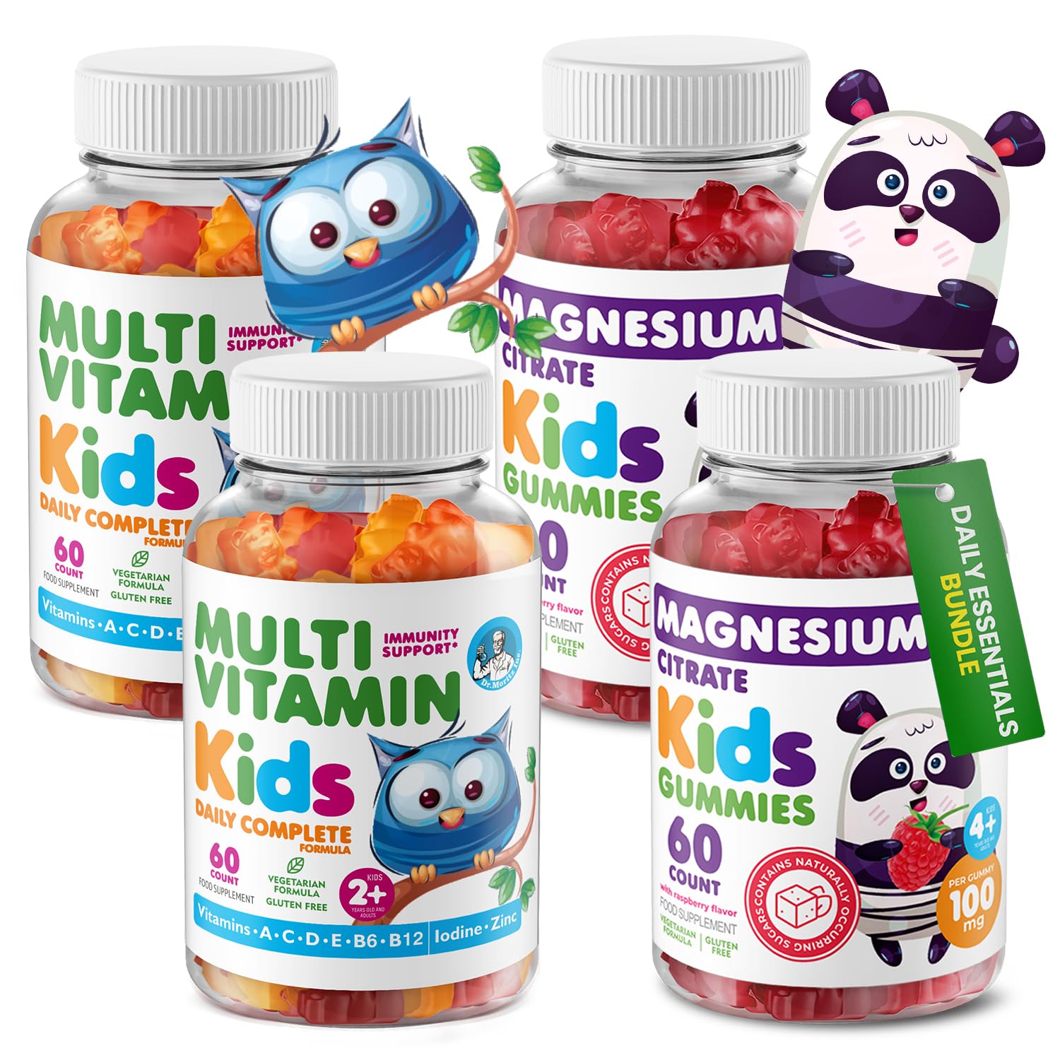 DR. MORITZ Kids Magnesium Gummies (60 Count, 2 Pack) and Kids Multivitamin Gummies (60 Count, 2 Pack) Bundle - for Relaxation and Health Support - Toddler Vitamins - Magnesium Calm Supplement