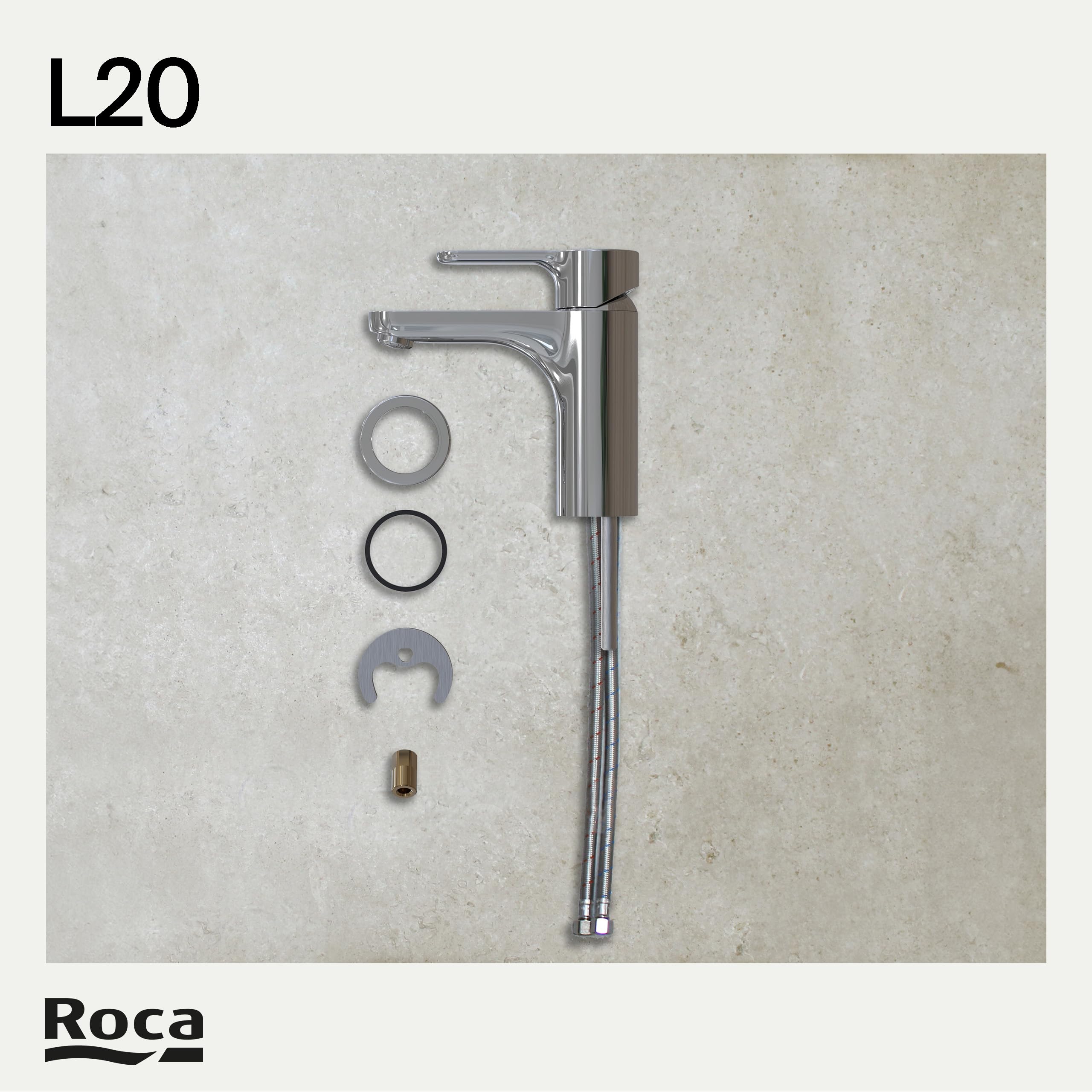 Roca L20 Grifería para lavabo con tecnología Cold Start, grifo monomando de repisa con enlaces de alimentación flexibles, mezclador para cuarto de baño de fácil instalación, cromado, A5A3K09C00