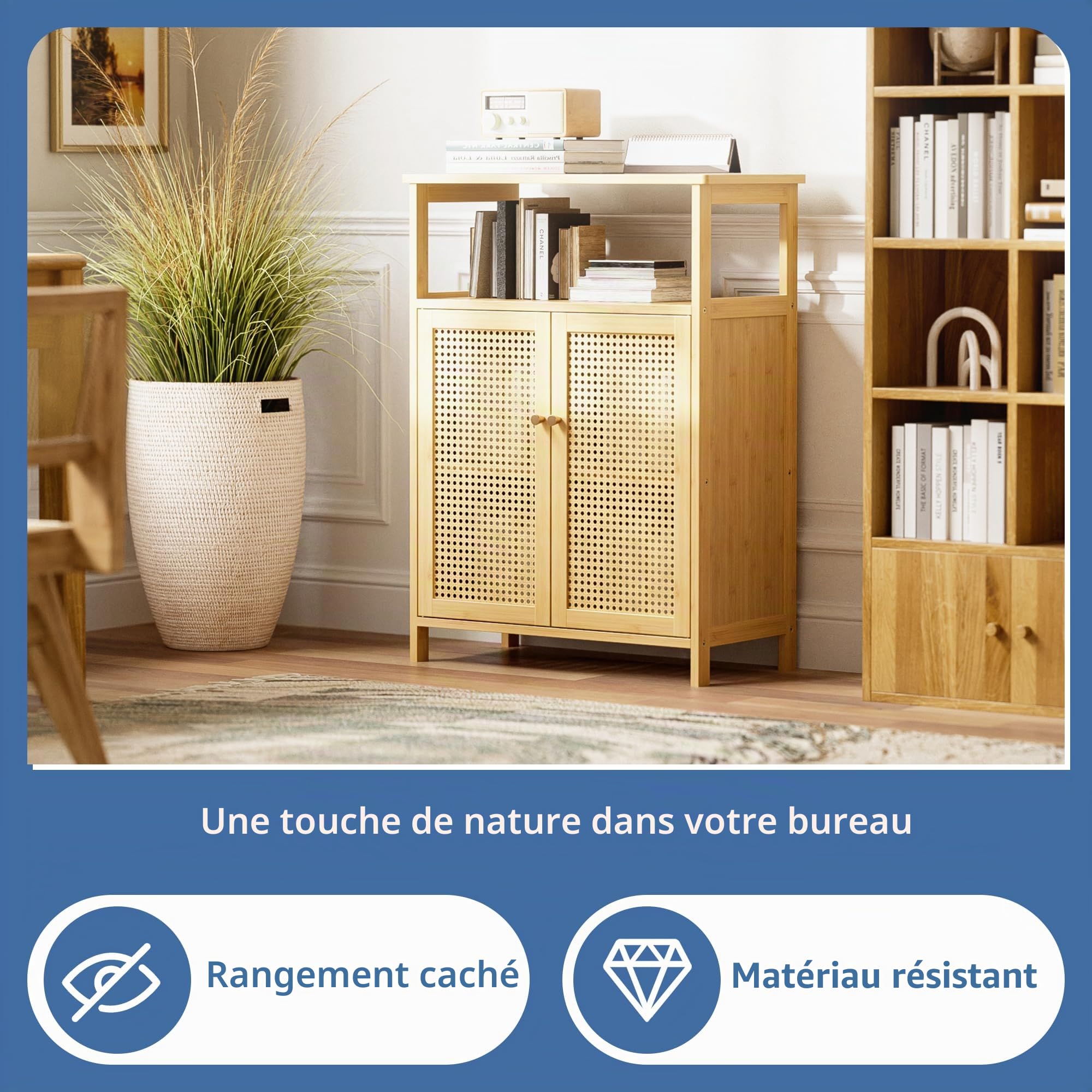 HITNET Armoire de Rangement en Rotin, Meuble de Salle de Bain avec 2 Portes, Armoire sur Pied en Bambou, Organisateur latéral autoportant pour Salon, Cuisine, entrée, Naturel