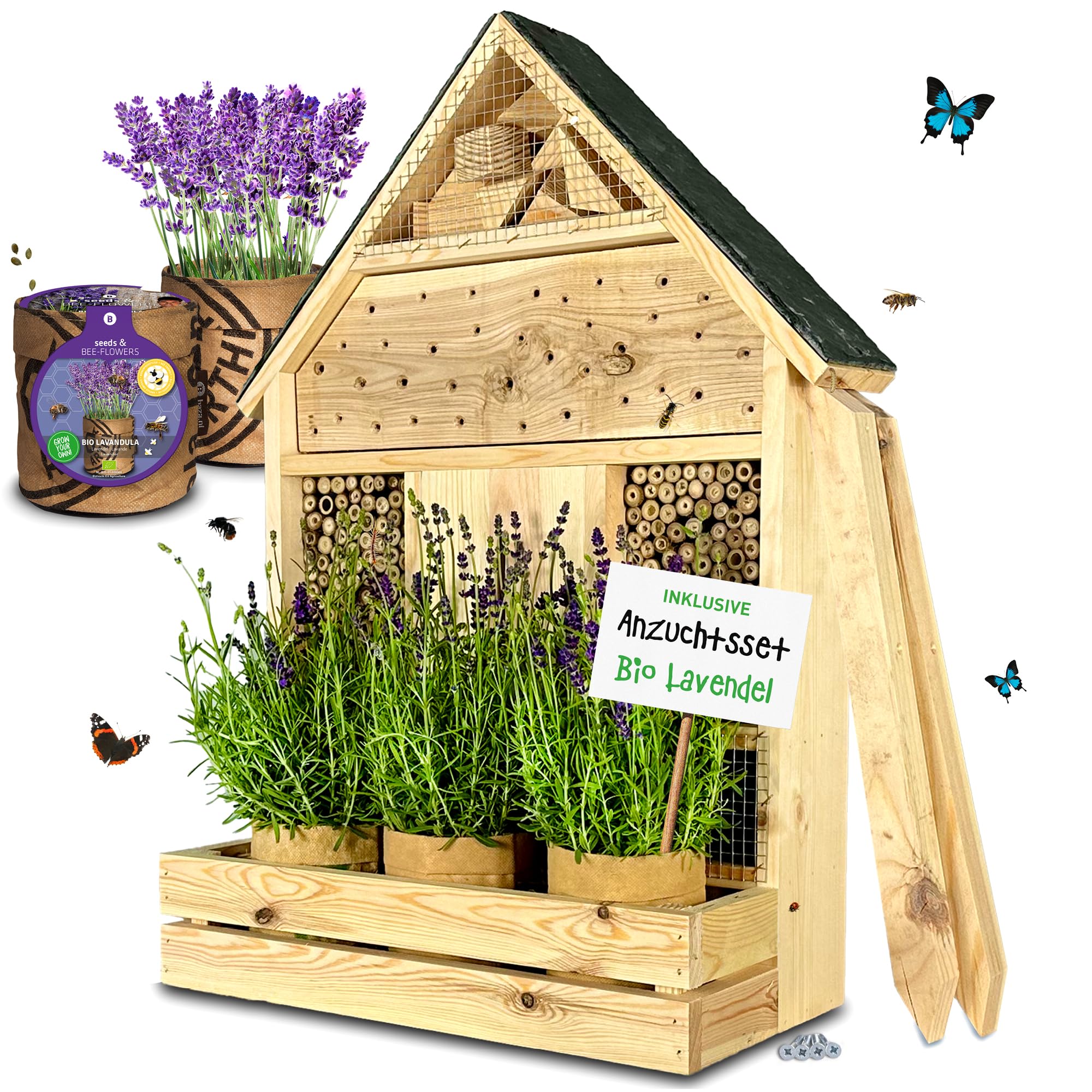 GARTENETAGE Stehendes Insektenhotel XXL mit Schieferdach und Pflanzenoase Lavendel - inkl. Anzuchtset/Naturbelassenes, massives Insektenhaus & Bienenhotel/Insektenhotel zum Aufstellen