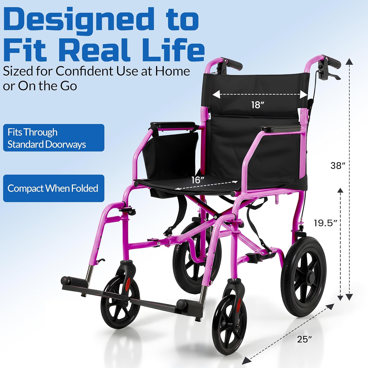 Platinum Health Hummingbird™ Ultra-Lightweight Foldable Transport Wheelchair, Handbrakes,12-Inch Rear Wheels, Extra-Wide Seat. Convenient Table-Length Padded Armrests. (Sunrise Pink)