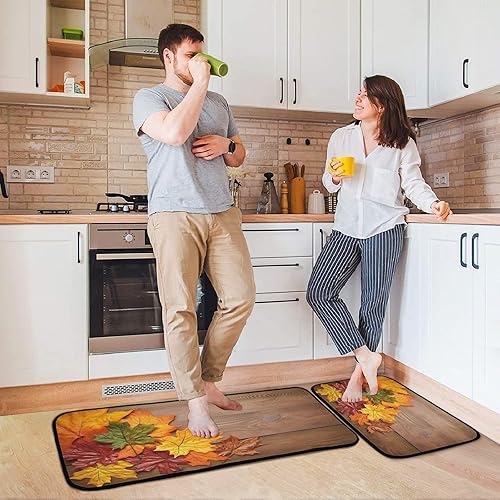 Miniatura 7 de Burbuja Maple Leaves on Wood Kitchen Rug and Mat Set of 2, Absorbent Washable Non Skid Comfort Standing Floor Mat for Kitchen Bathroom Living Room