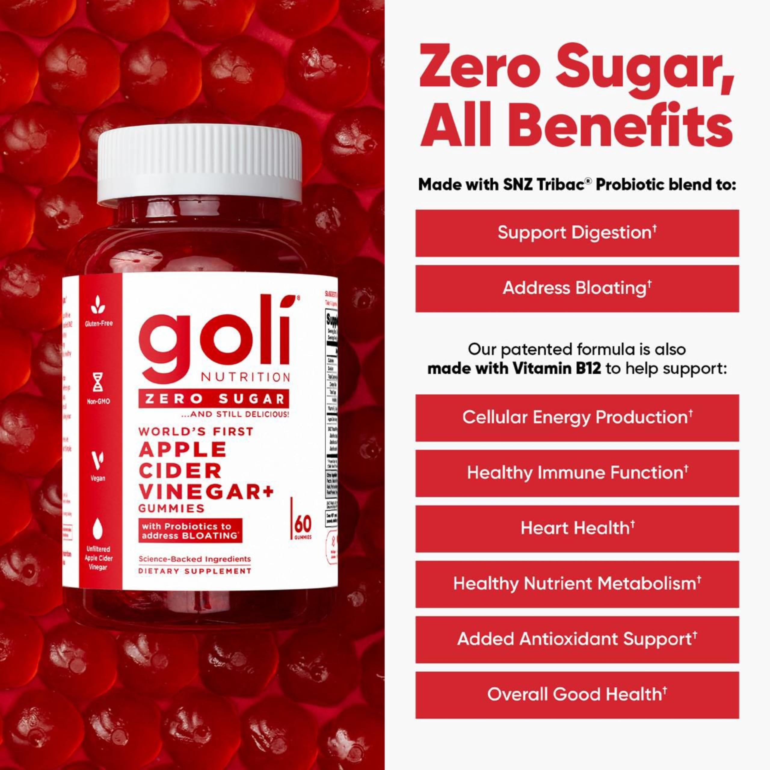 Goli Zero Sugar Apple Cider Vinegar Gummies - ACV with Vitamin B12 and Probiotics - No Sugar Alcohols - Vegan, Keto-Friendly, Gluten-Free — Amazon image 2