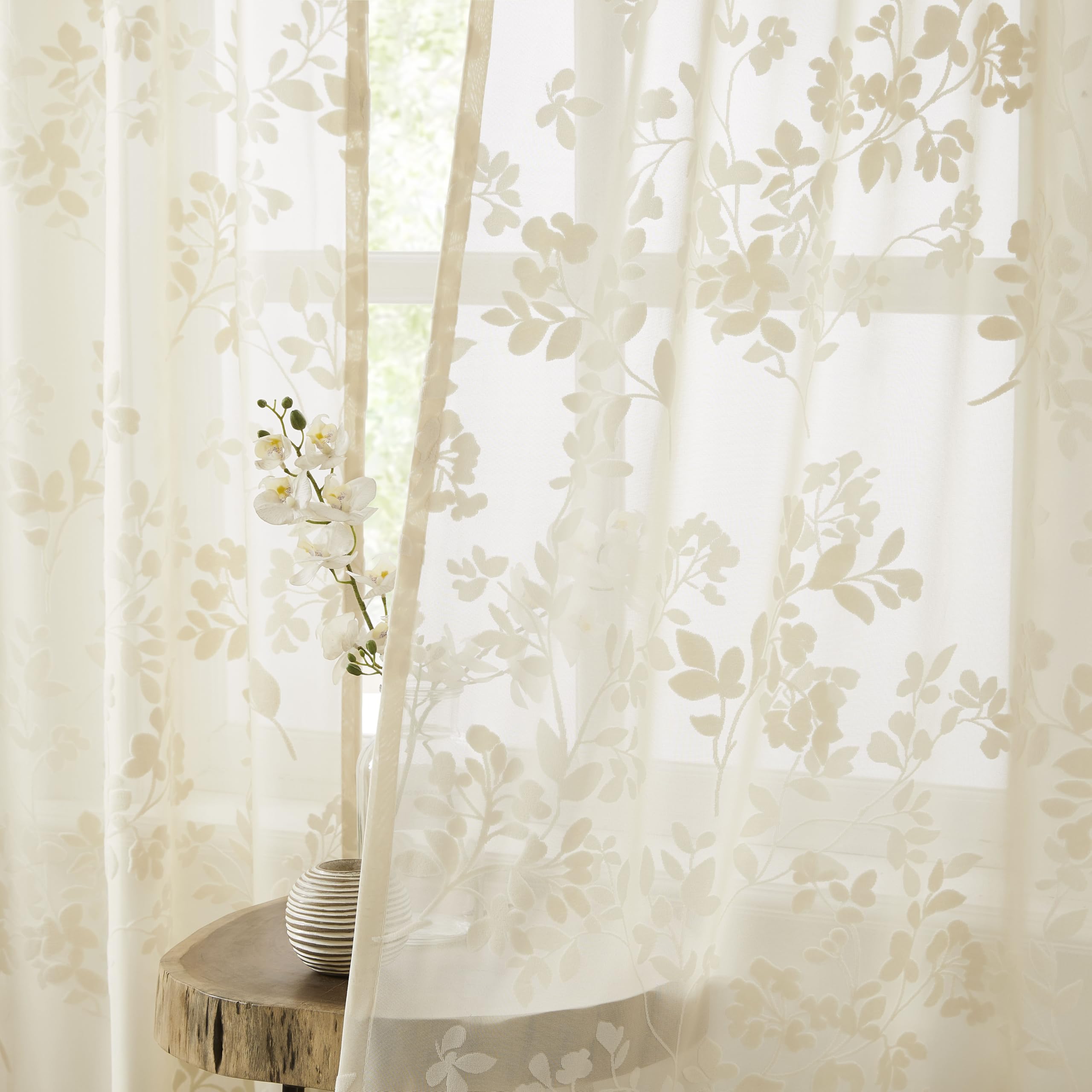 Abstractex Beige Lace Net Floral and Branch Sheer Drape,54",Panels,Bedroom