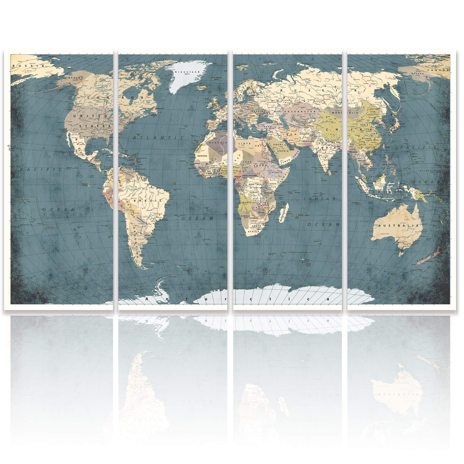 WELMECO XXLarge 3 Pieces Vintage Blue Map of The World Canvas Prints Retro Detailed World Travel Map Canvas Art Living Room Office Decoration 80"X48"