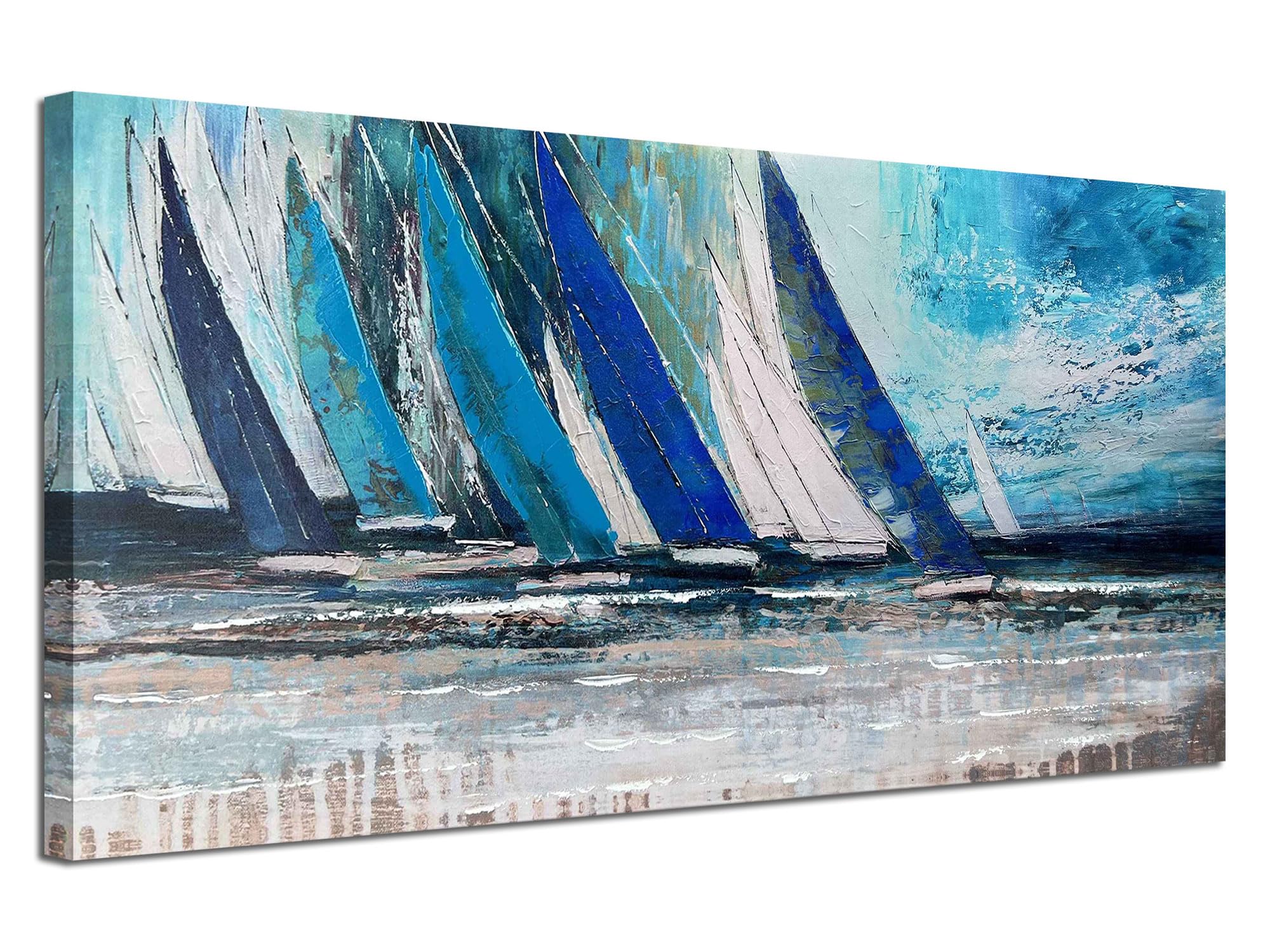 Arjun Blue Abstract Wall Art Canvas for Living Room, Nautical Art Wall Decor Teal Sailboat Textured Bedroom Textuted Picture Modern Coastal Painting Large Framed Artwork Home Office 40"x20"