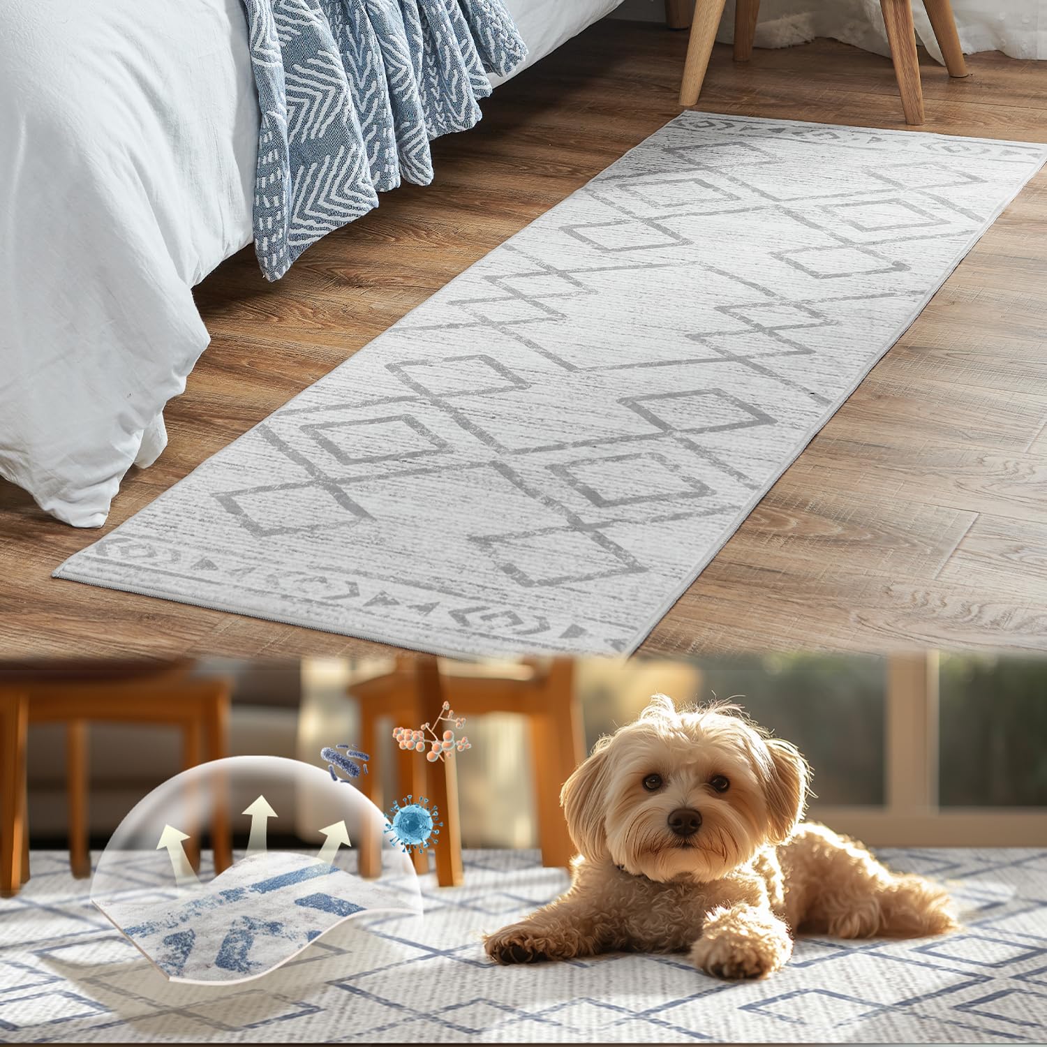 TOPICK Alfombra antibacteriana para salón, 150 x 210 cm, para exteriores, resistente a la intemperie, color gris, estilo bohemio, geométrica, con forma de rombo, lavable, de pelo corto, para