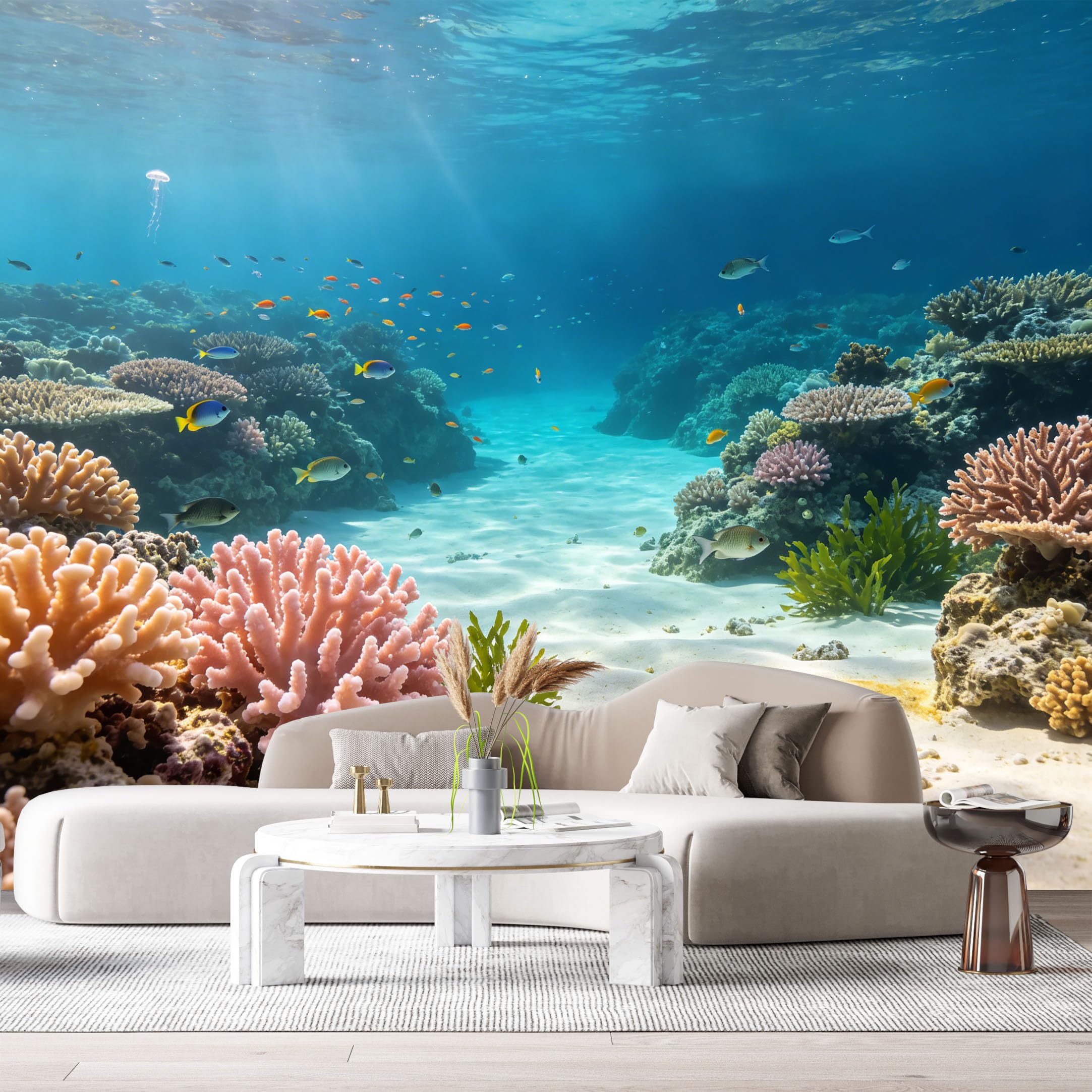 Custom Size Wall Murals Ocean Marine Tropical Coral Reef Vibrant Fish Underwater 3D SelfAdhesiveWall Fabric Removable Wallpaper Wall Decor for Living Room Bedroom Bathroom