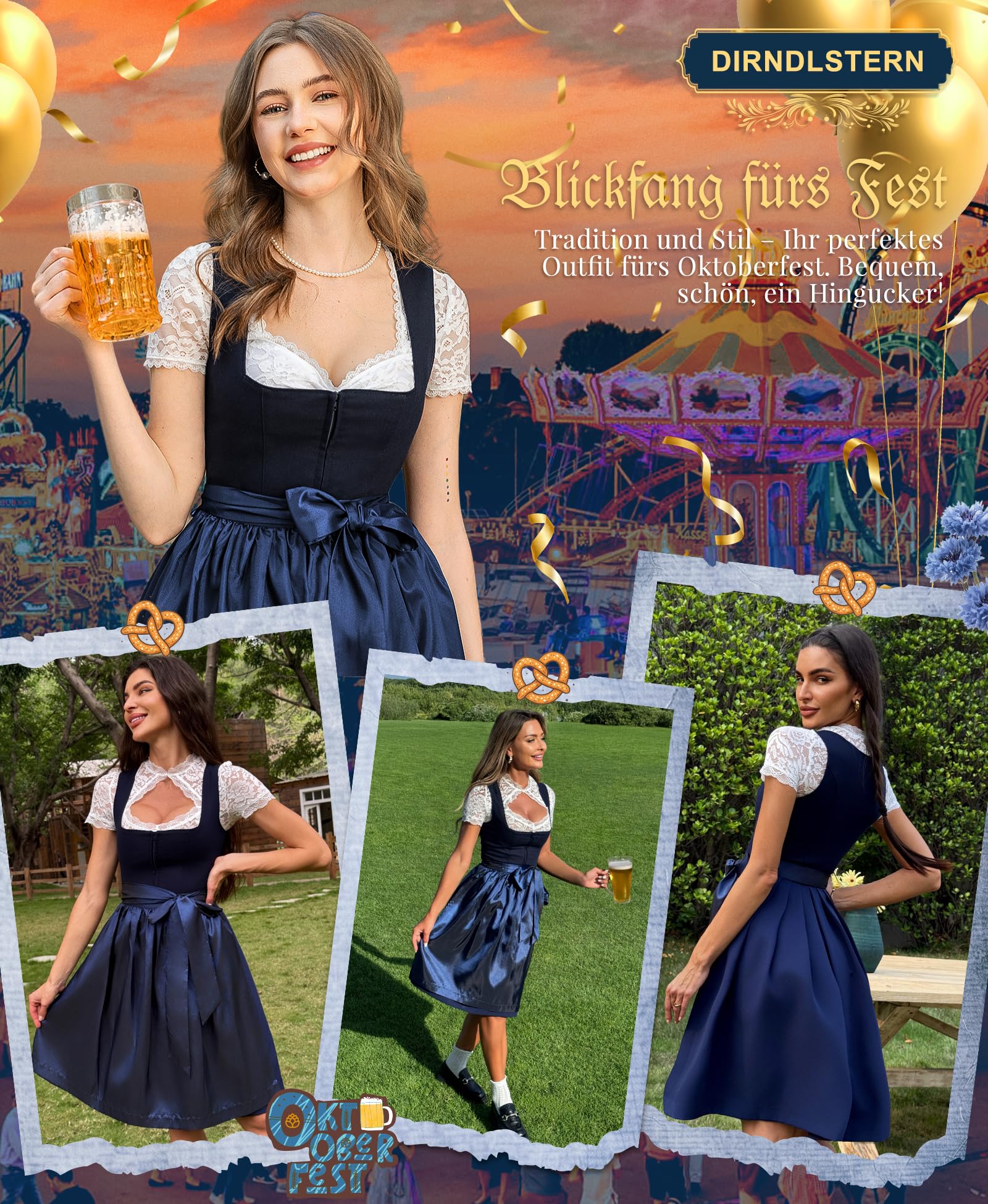 DIRNDLSTERN Damen Blau Ohne - Schnürung Midi Damen Outfit Oktoberfest 2025