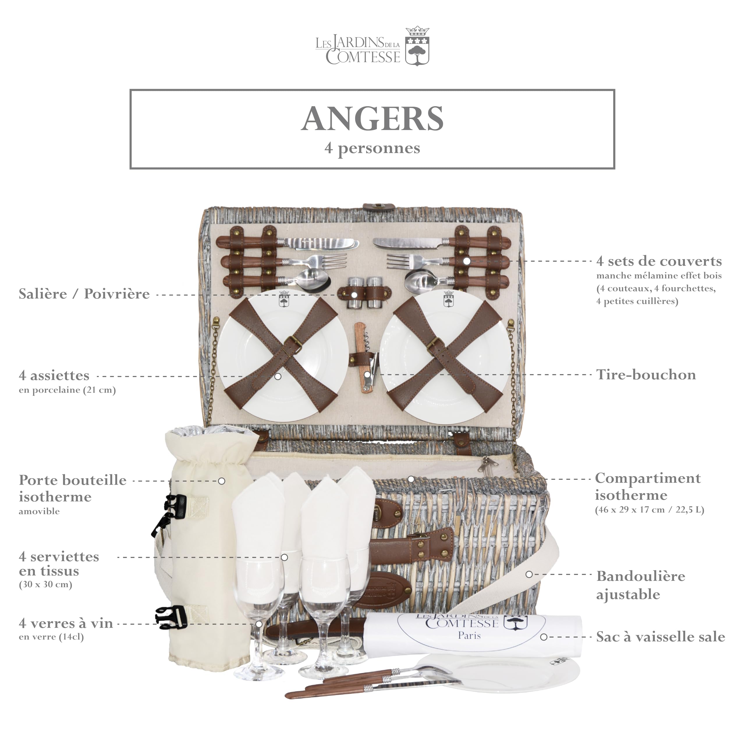 Les Jardins de la Comtesse - Cestino da picnic "Angers" per 4 persone, completo con scompartimento isotermico - Dimensioni: 46x31x22cm