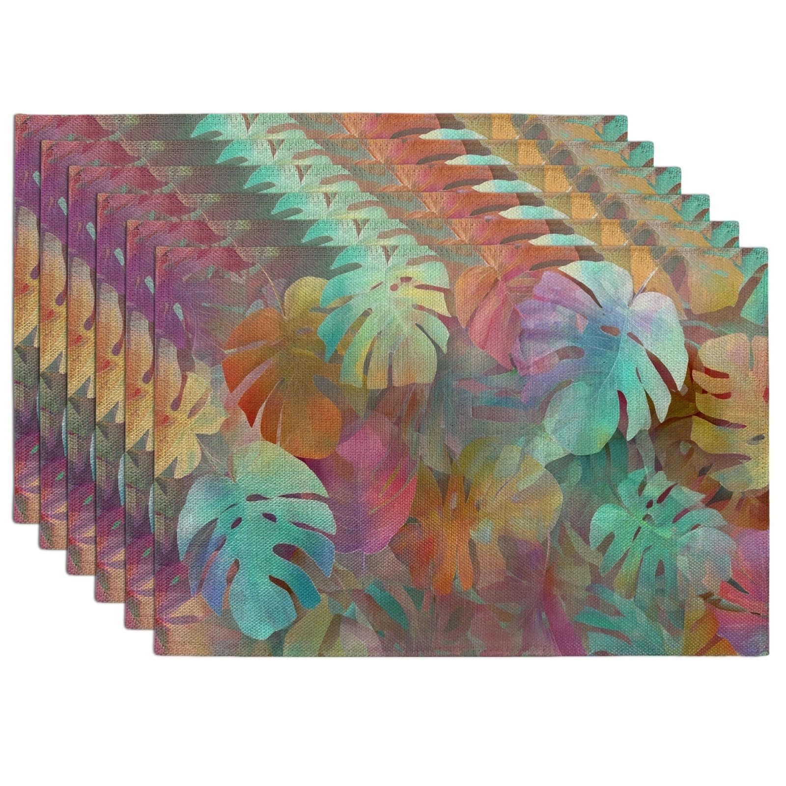 Tropical Leaves Placemats, Colorful Botanical Place mats for Dining Table, Non-Slip Washable Indoor Outdoor Party Decorative Placemat Set of 6