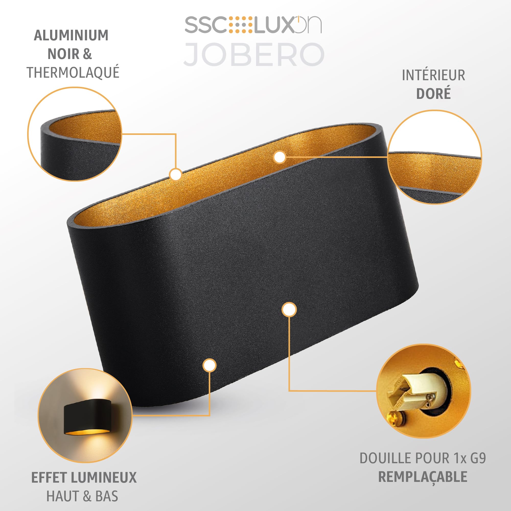 SSC-LUXon JOBERO – Lot de 2 appliques murales intérieures noir or | luminaire mural design avec faisceau LED Up & Down | lampe murale moderne G9 pour salon, chambre, escalier