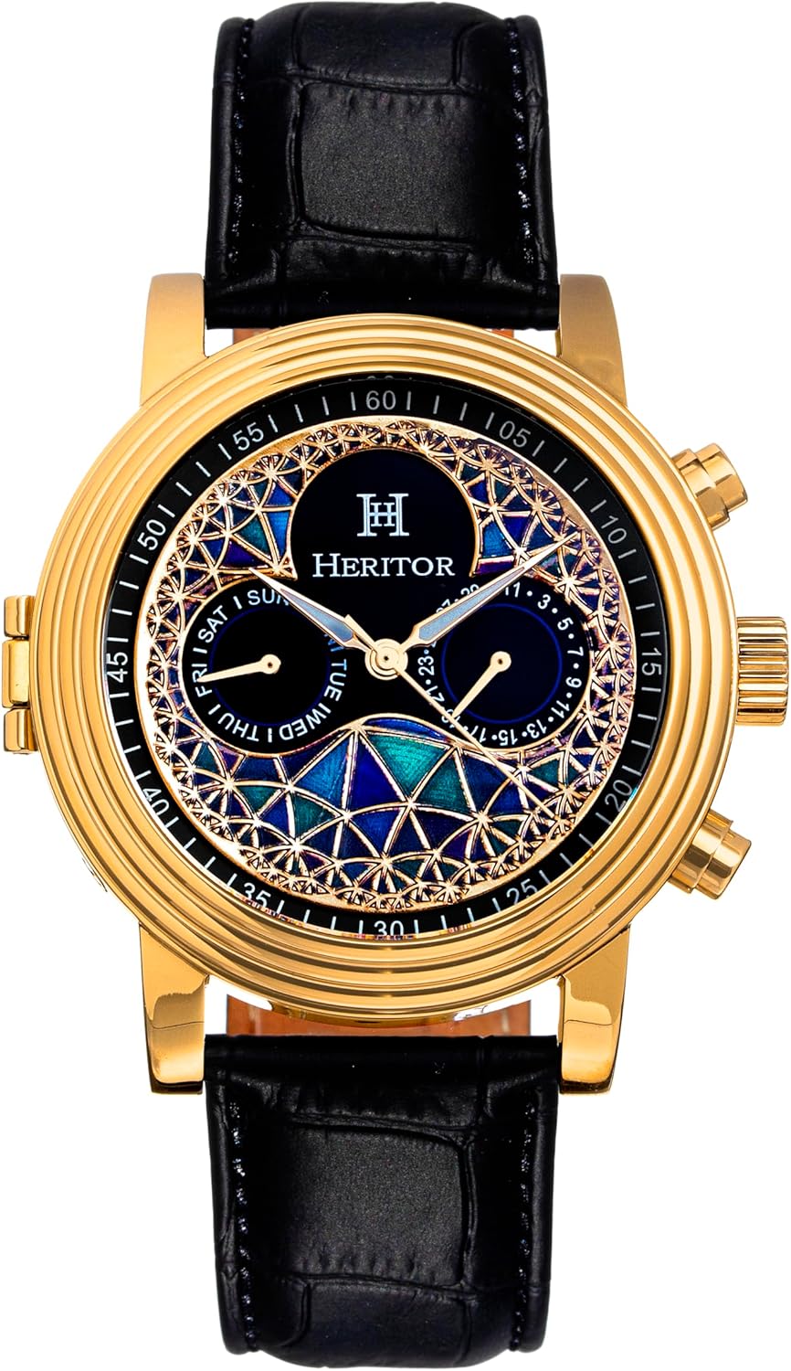 HERITOR Legacy Automatic Watch for Men – 44mm Men’s Watch with Jeweled Automatic Movement, 316L Stainless Steel Case, Crocodile-Embossed Leather Strap (HERHR9701)