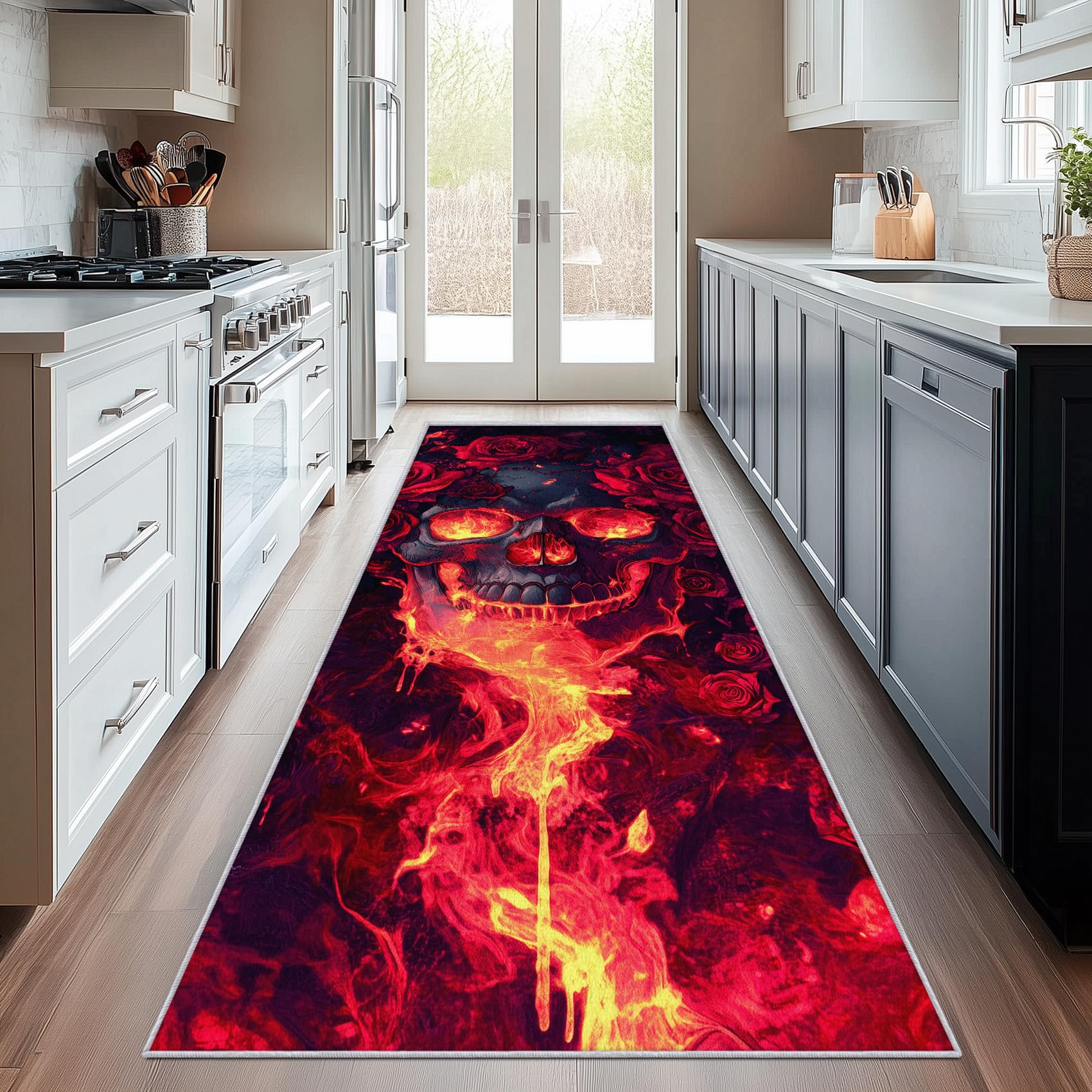 Generisch Läufer Flur Horror, Waschbarer Teppich Läufer Skelett Kleiner Totenkopf Flammen 60x200, Küchenteppich, Eingangsbereich, Bettvorleger, Schlafzimmer Deko, rutschfest, Kurzflor c236