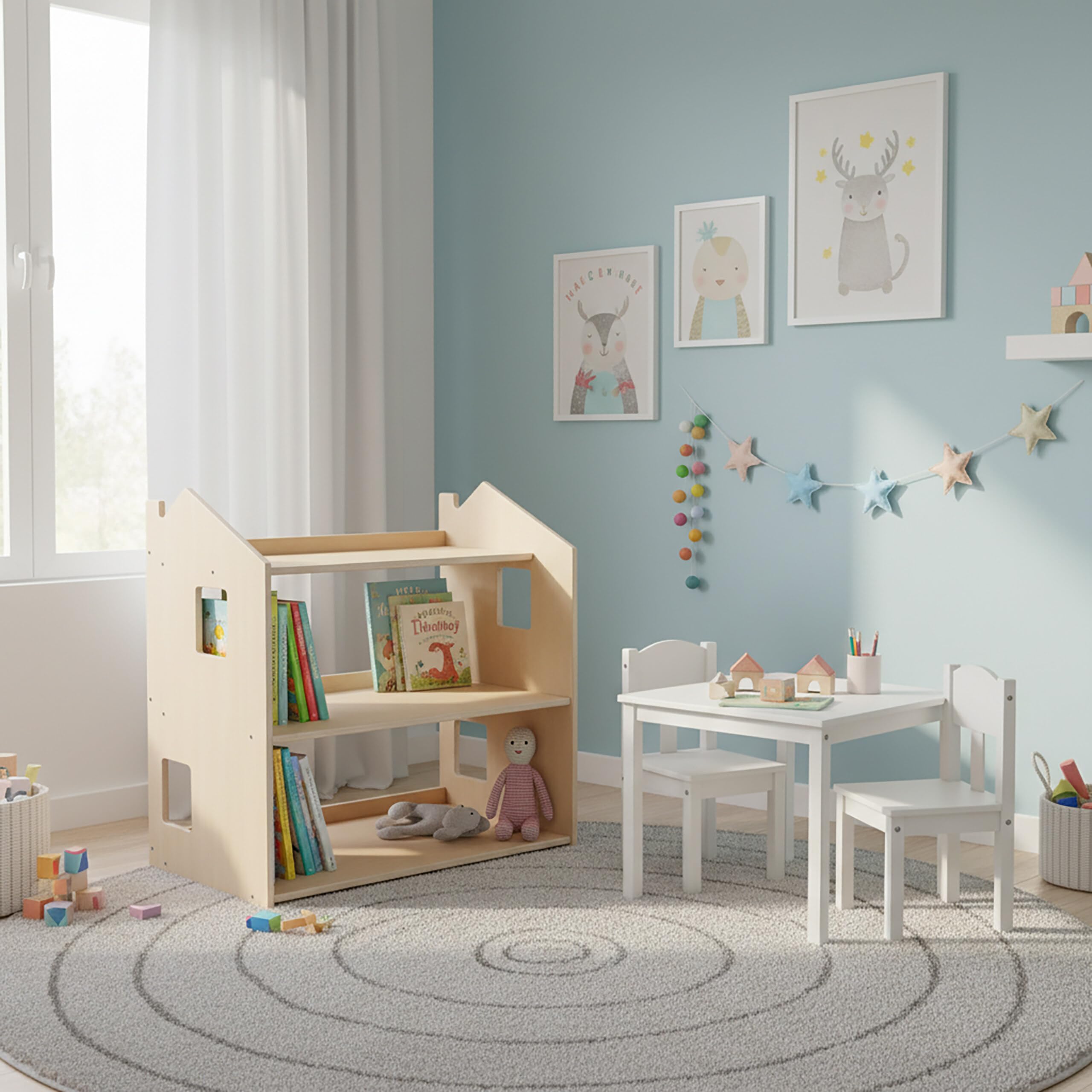 Relaxdays Regał dla dzieci „Dom”, naturalny | wys. x szer. x gł.: 59 x 61 x 39 cm, 3 półki, Montessori, MDF i sklejka