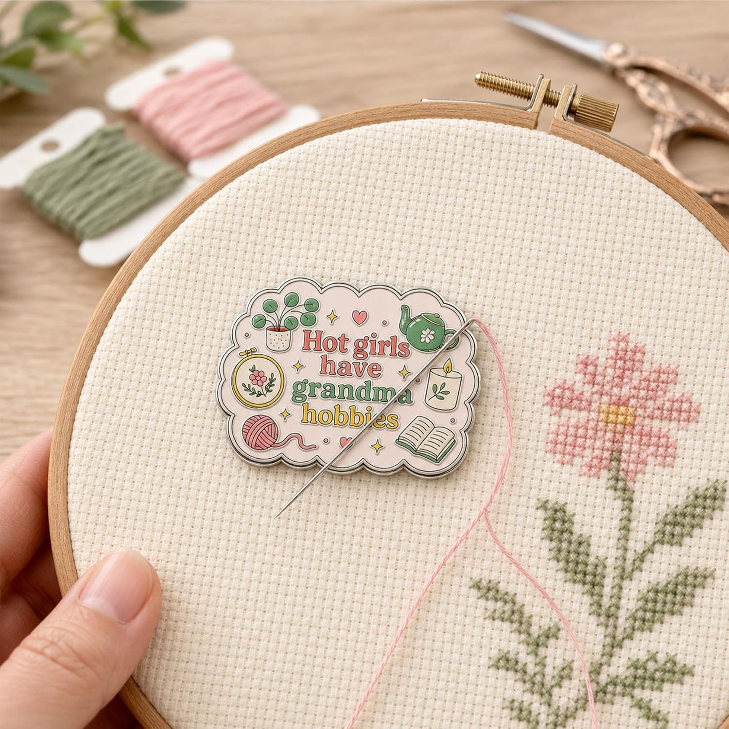 Needle Minder Magnet for Cross Stitch, Hot Girls Have Grandma Hobbies Magnetic Needle Holder for Embroidery and Needlepoint, Cute Sewing Gift for Stitchers, 1.18 x 0.88 Inch