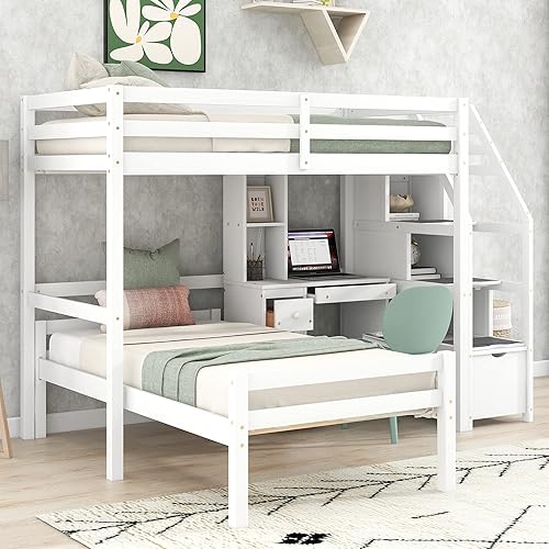 Miniatura 4 de Aiuyesuo Cama tipo loft moderna de tamaño individual con una cama independiente y escalera de almacenamiento marco de cama tipo loft de madera