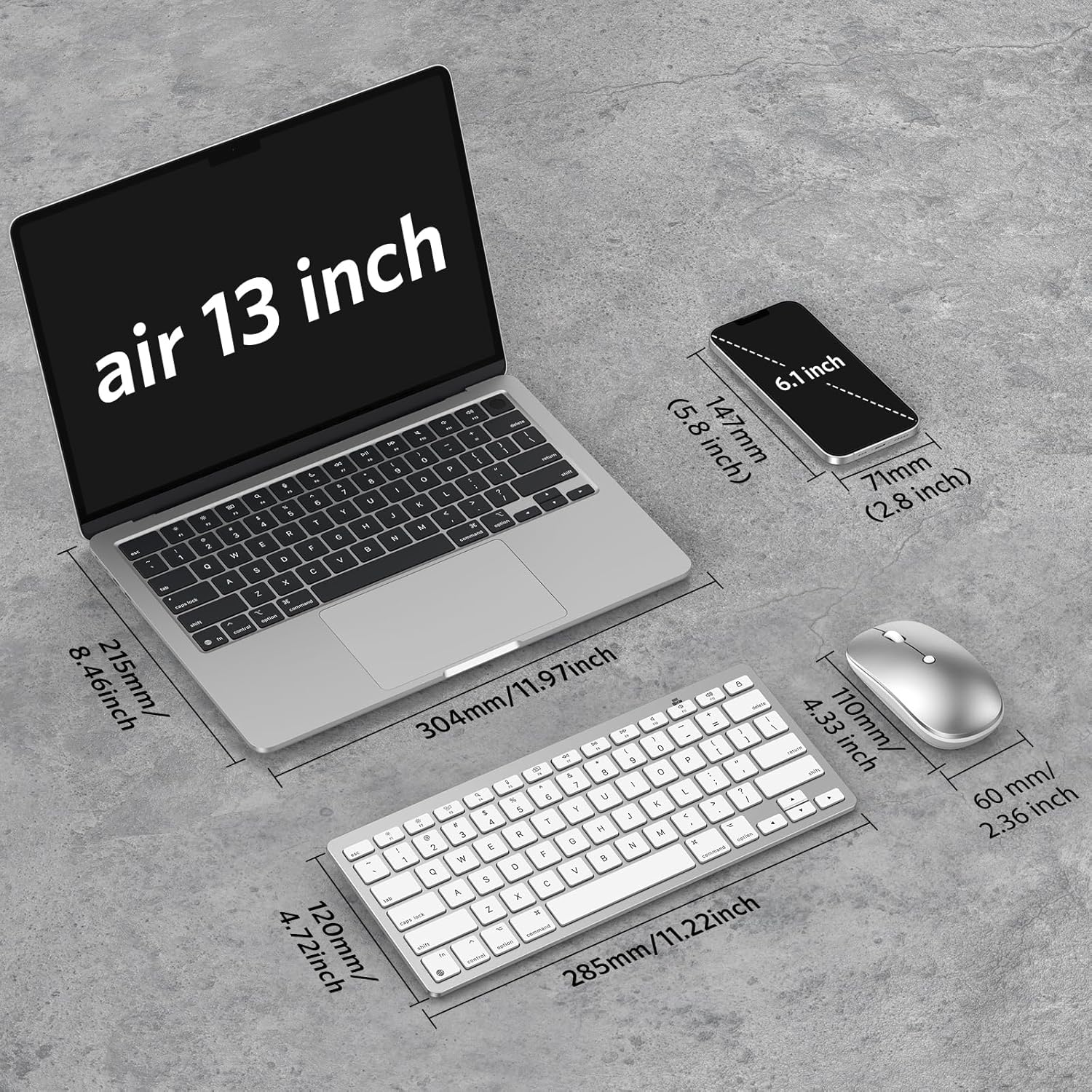 Wireless Keyboard and Mouse for Mac, 14 Media Shortcuts Keyboard with Adjustable DPI Mouse, Slim & Portable Design, Stable Bluetooth Connection, Silver-White,OMOTON
