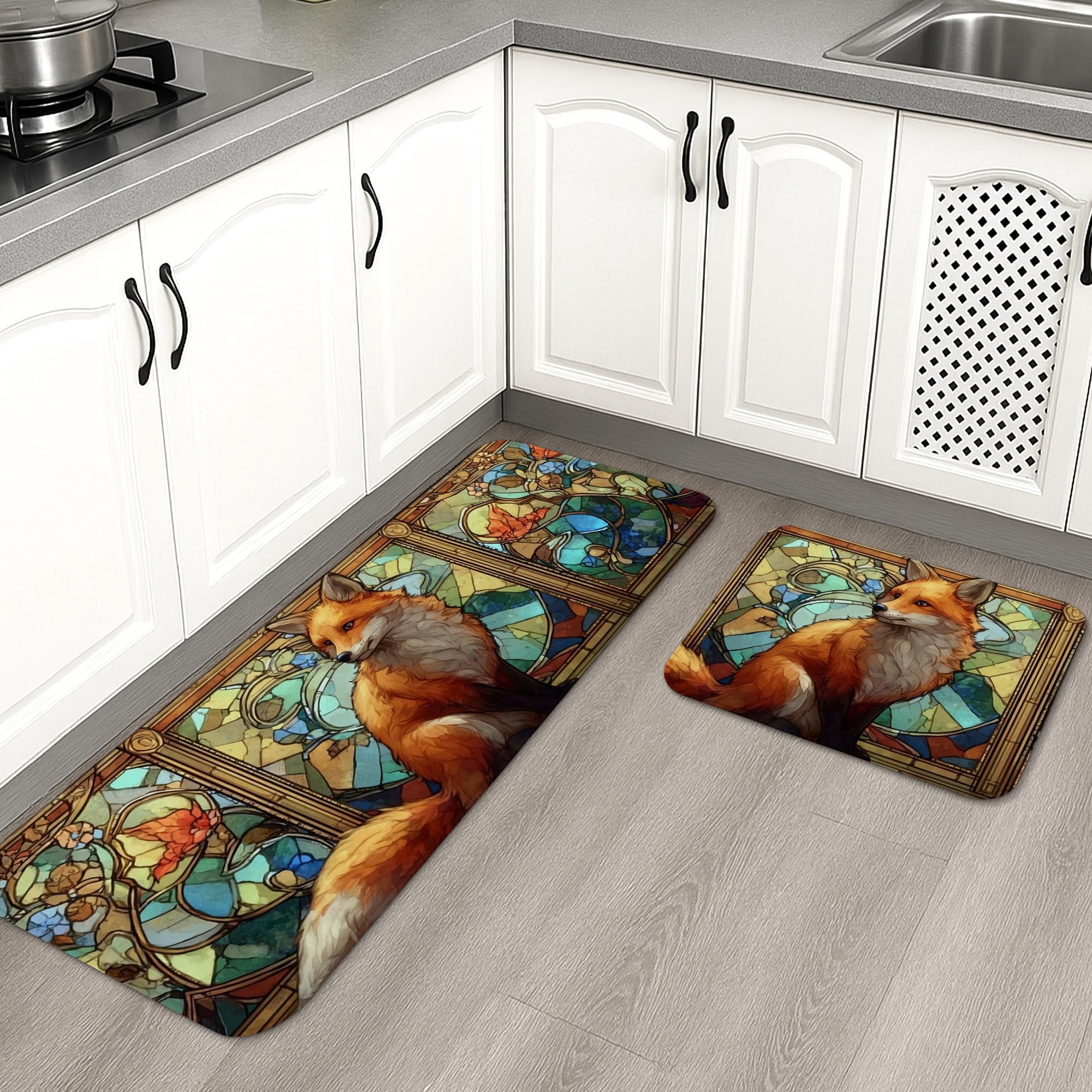 Stained Glass Kitchen Mats for Floor, Fox Pattern Vintage Soft Mats, Cushioned Comfort Washable Non Slip Decor Rugs for Kitchen Sinks Laundryroom Bathroom 2PCS