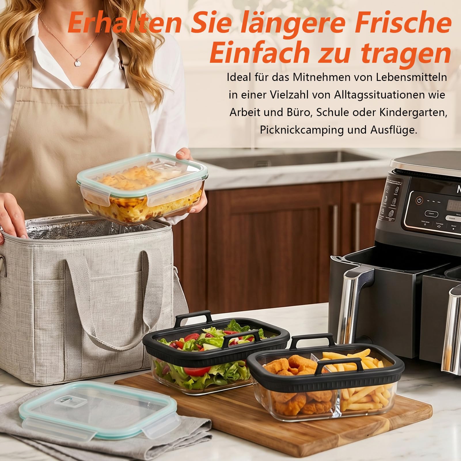 Szklane naczynie do zapiekania Airfryer, akcesoria pasujące do Ninja AF400EU/AF500EU/SL400EU/ SL400EU, 2 komory, nie zawiera BPA, odporne na wysokie temperatury, wyjmowane silikonowe