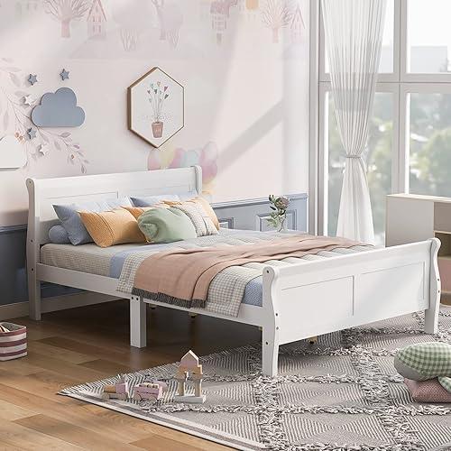 Miniatura 3 de MERITLINE Cama de plataforma tamaño Queen con cabecero, marco de cama de madera para niños, adolescentes y adultos, no necesita somier (blanco)