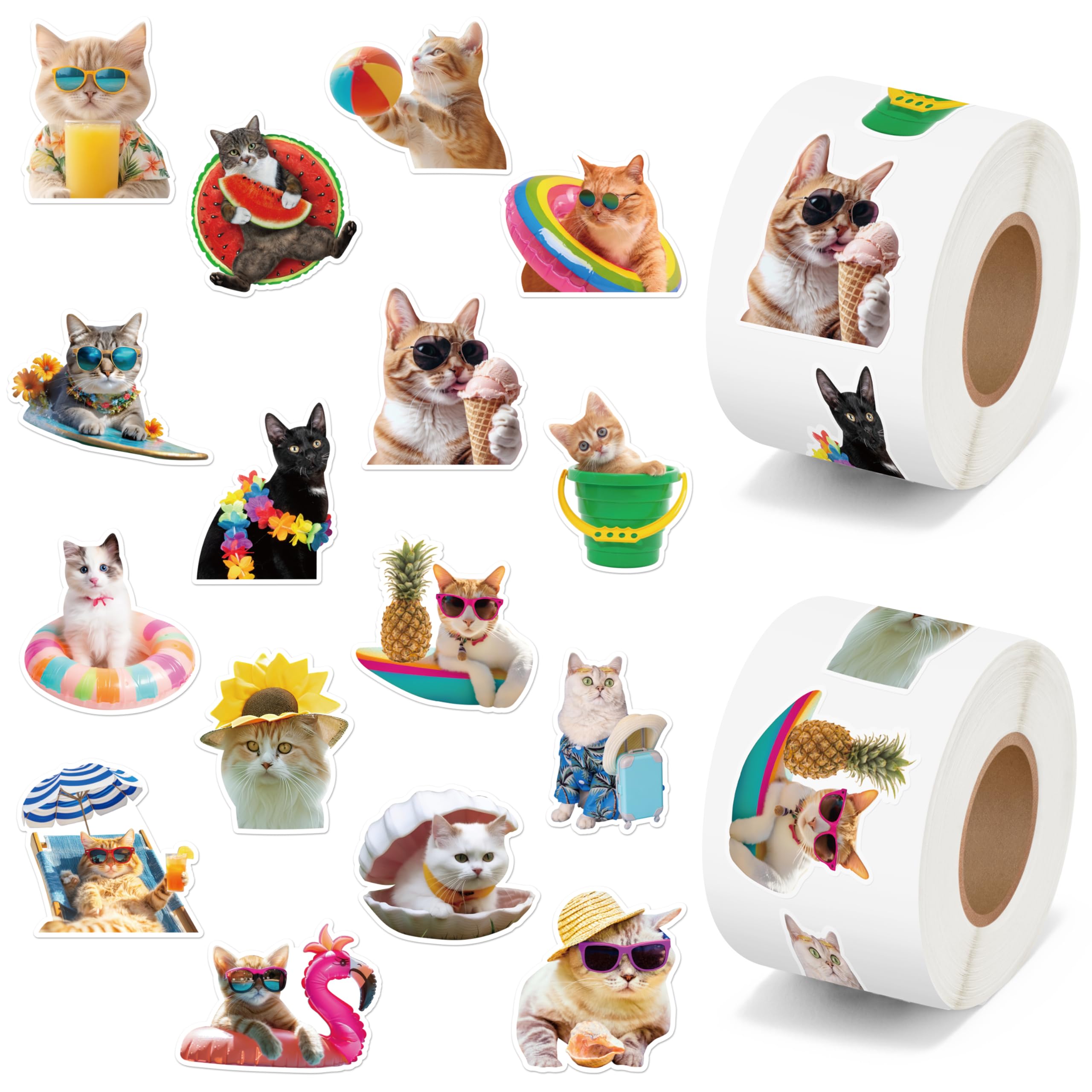 H1vojoxo Summer Cats Sticker Rolls - 1000PCS Hawaii Cat Stickers for Kids 16 Designs Waterproof Beach Cats Stickers for Water Bottles Laptop Scrapbook