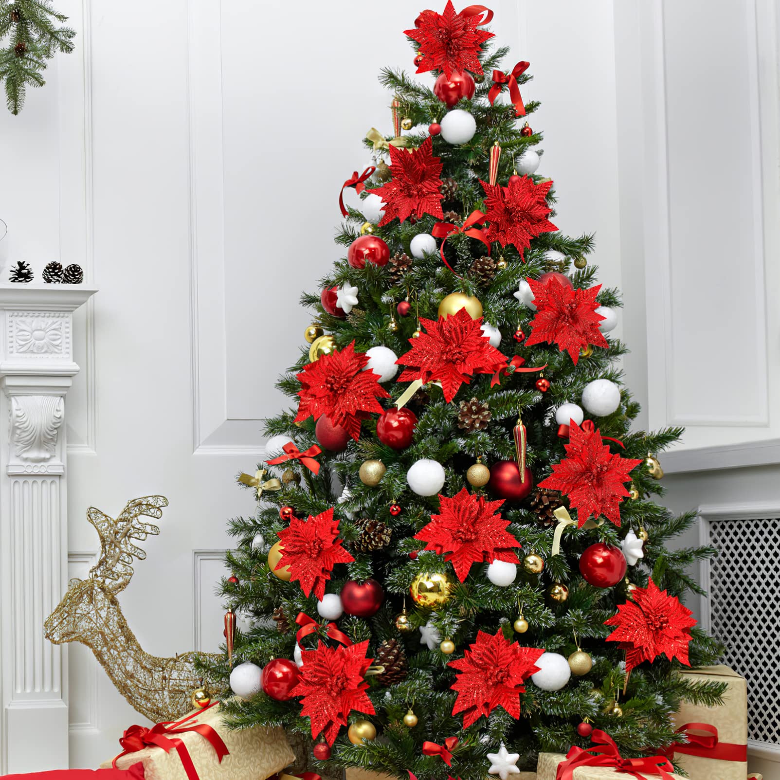 Amazon｜IMIKEYA クリスマスグリッター ポインセチアの花:6個