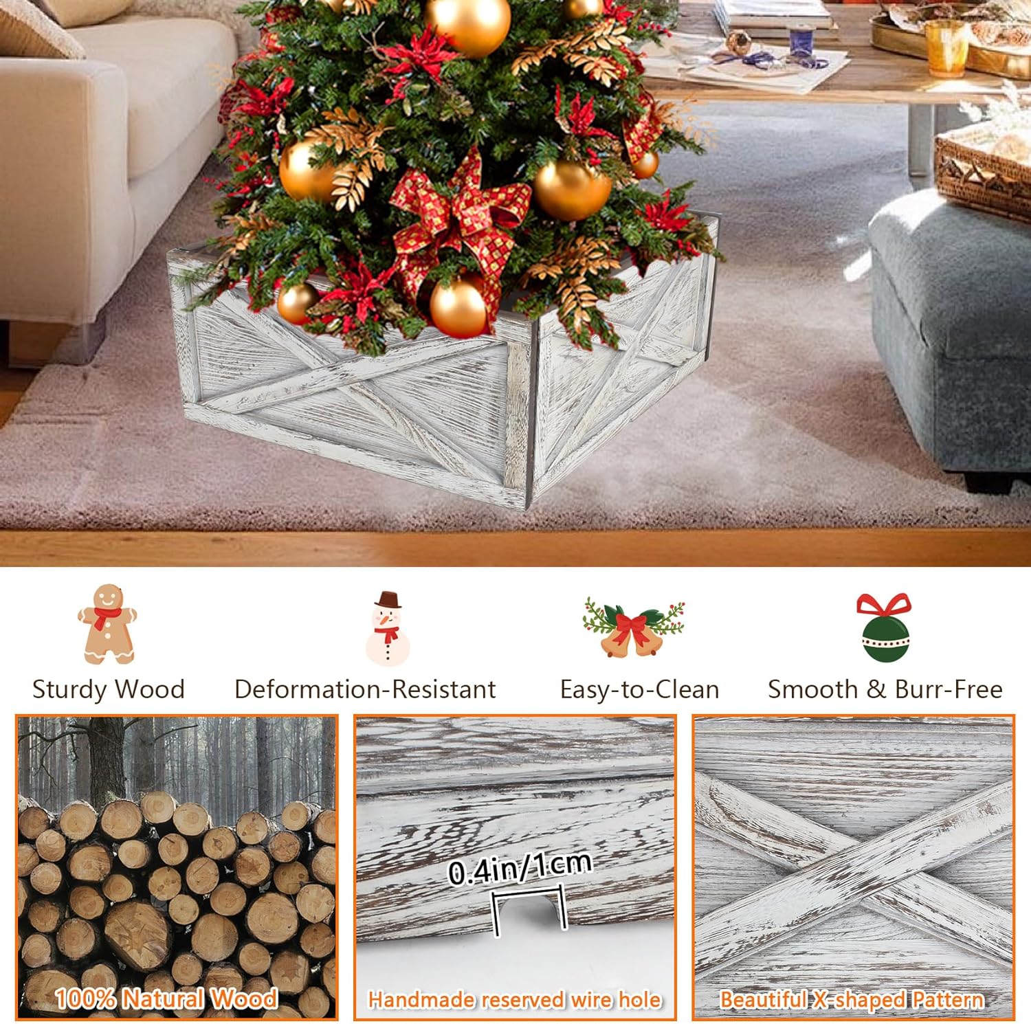 Wooden Tree Collar 22in, Christmas Tree Collar Rustic 4 Panels, Washed White Tree Collar Box 100% Solid Wood Disassemble with X-Pattern for Christmas Tree Decoration