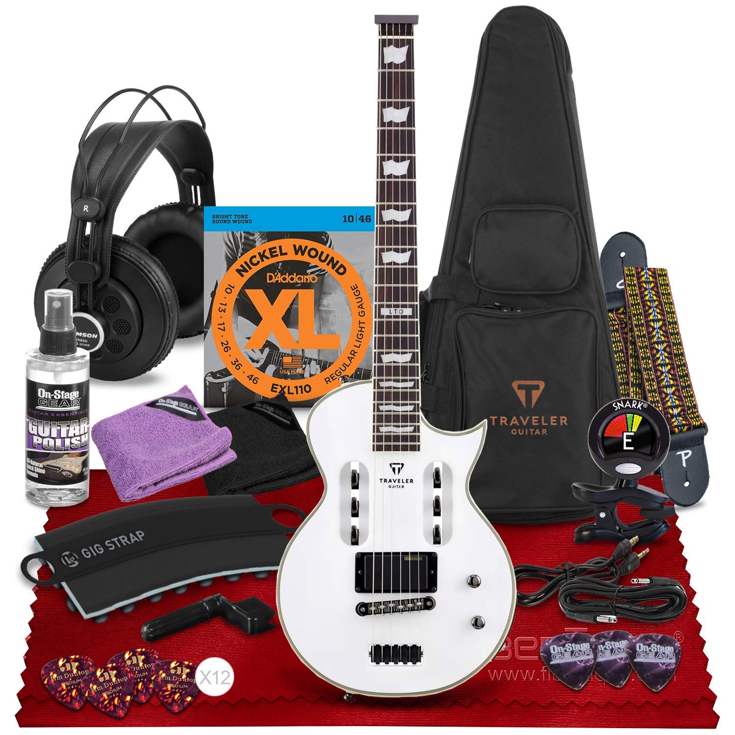 Traveler Guitar LTD EC-1 Electric Guitar (Snow White) (EC1 SWTG) + SR850 Headphones, Clip-On Tuner, Guitar Strings, Strap, Strap Attachment, Guitar Picks, Cable Kit & Fibertique Cleaning Cloth