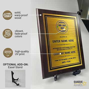 Create Your Own Custom Plaque - Upload Your Own Logo, Photo and Personal Text - Full Color Printing - Fully Personalized Award Plaque for Service, Achievement Recognition (Matte Black, 10.5 x 13)