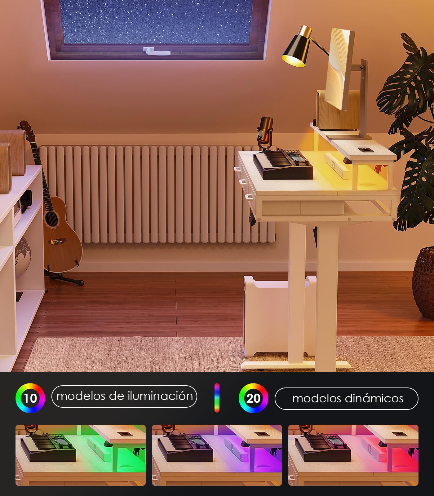 OffiGo Mesa Elevable Escritorio con Cajones, 120cm Escritorio Elevable con Soporte para Monitor, Mesa Gaming con Carga y Luces LED, Mesa Regulable Altura, Blanco